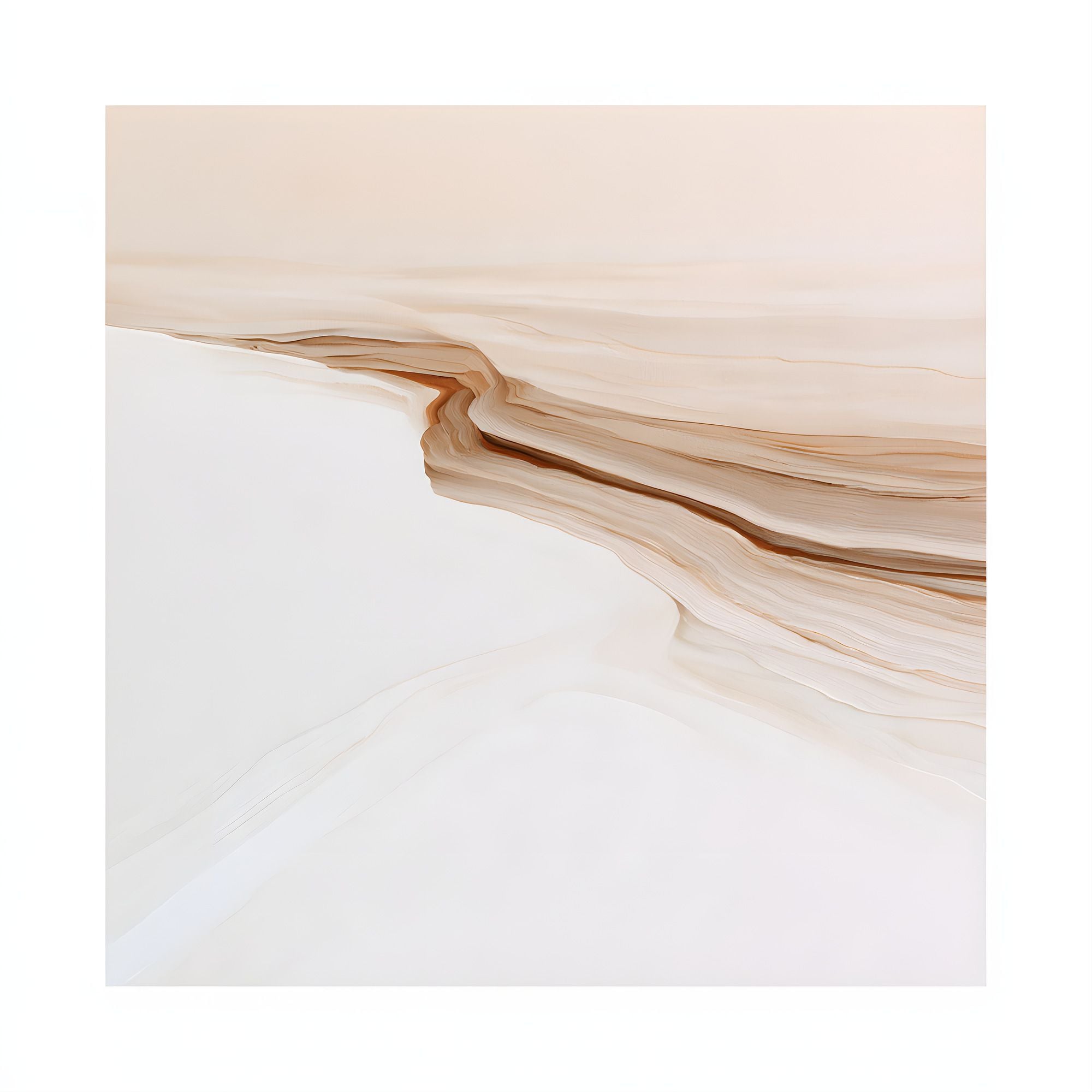 Strata Drift No. 09 abstract artwork with soft cream and white space crossed by layered warm brown and beige strata.