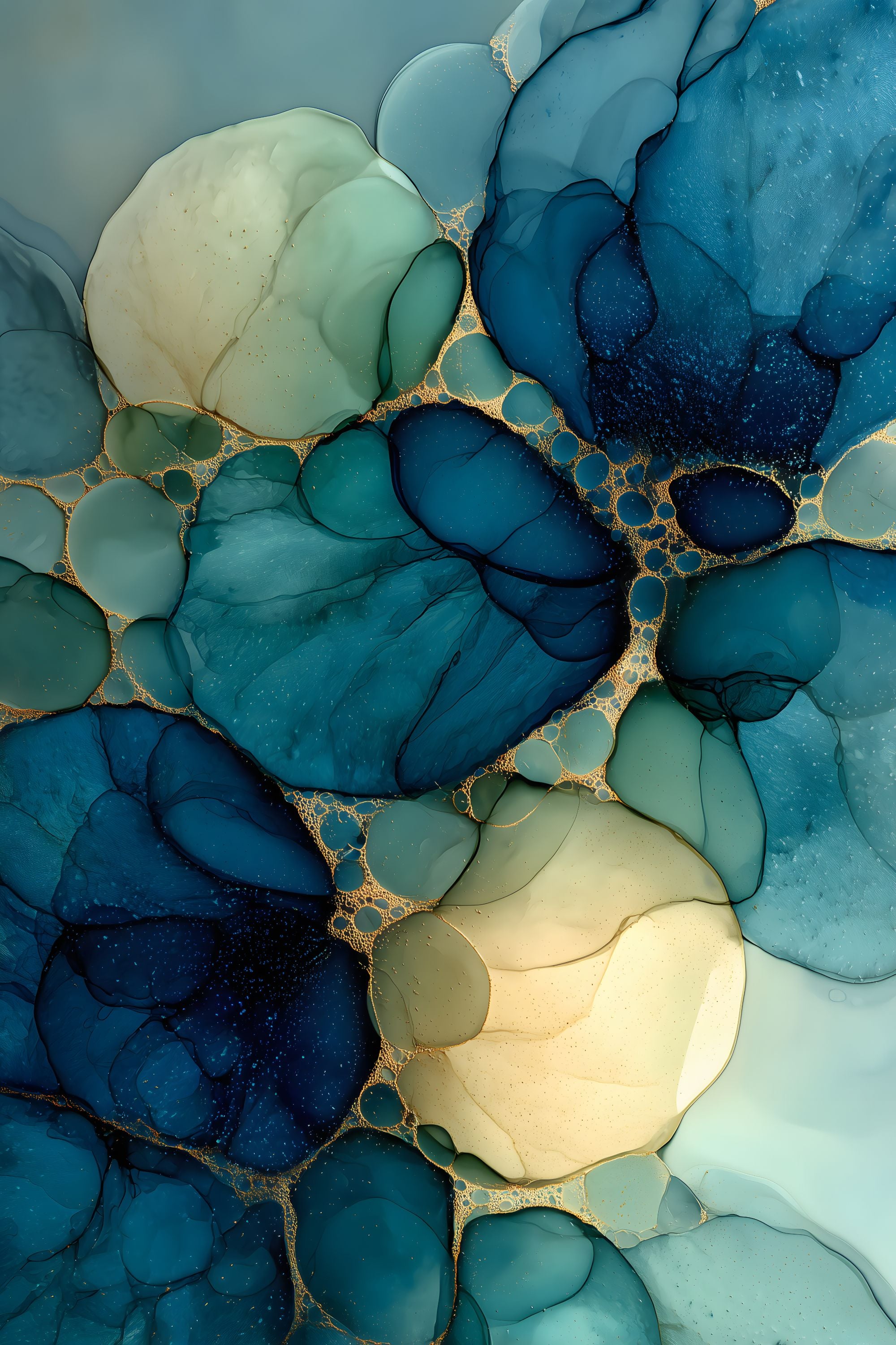 LivingForms No. 02 abstract artwork with layered teal, blue, cream, and gold organic forms.