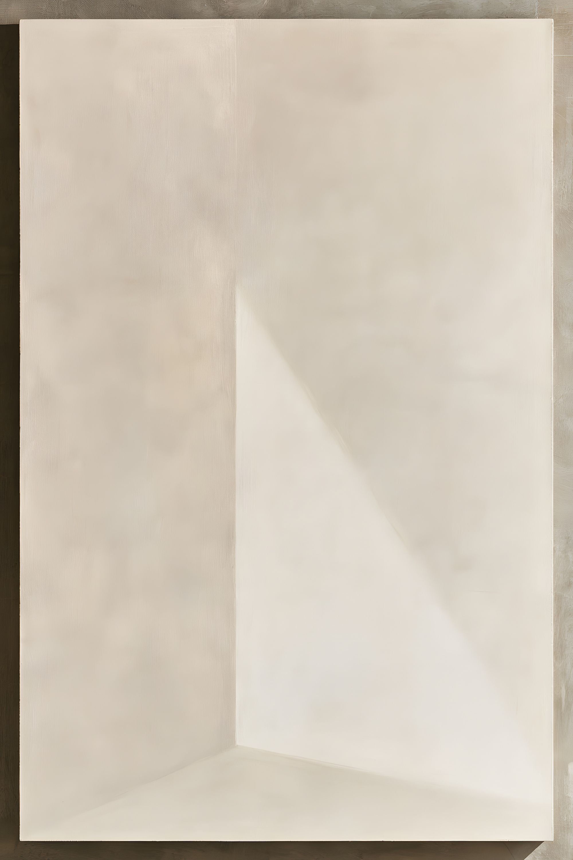 Quiet Intersections No. 03 minimal abstract artwork with soft cream architectural planes and a pale diagonal geometric shadow on a warm neutral surface.