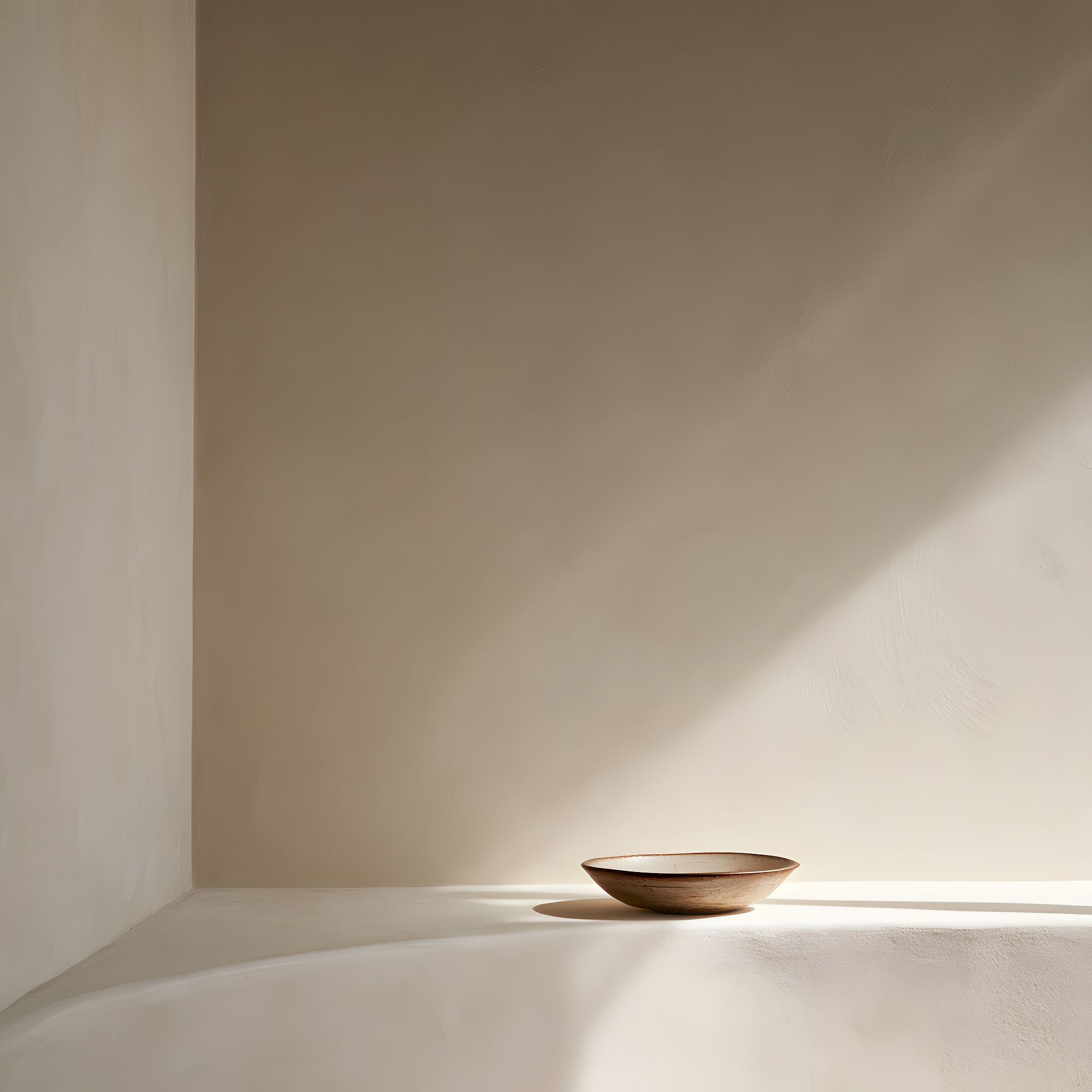 Quiet Objects No. 08 minimal still life artwork with a shallow ceramic bowl set in warm sunlight against a soft cream interior.