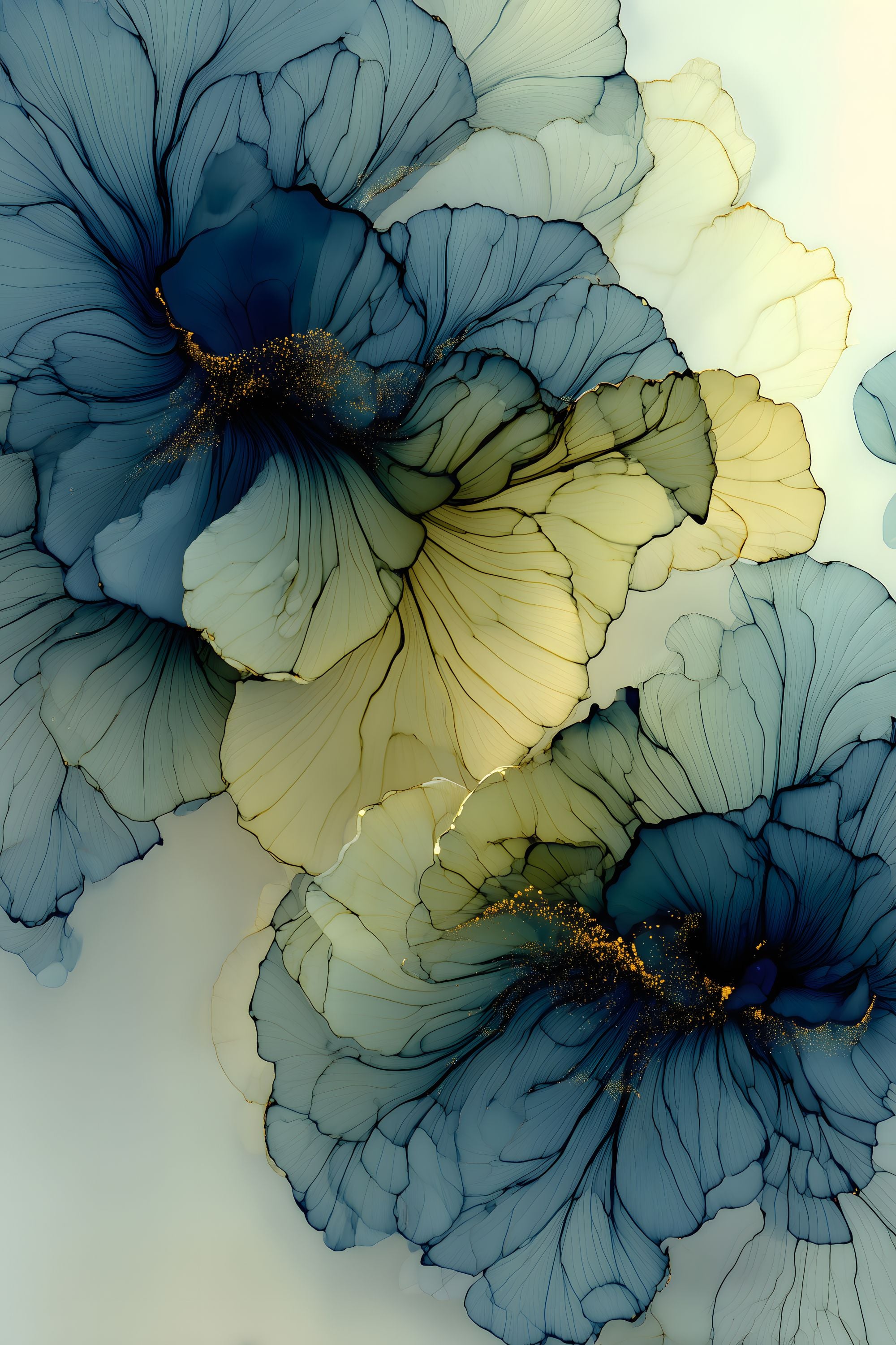 Living Forms No. 03 abstract artwork with layered blue, sage, cream, and muted gold organic floral forms.
