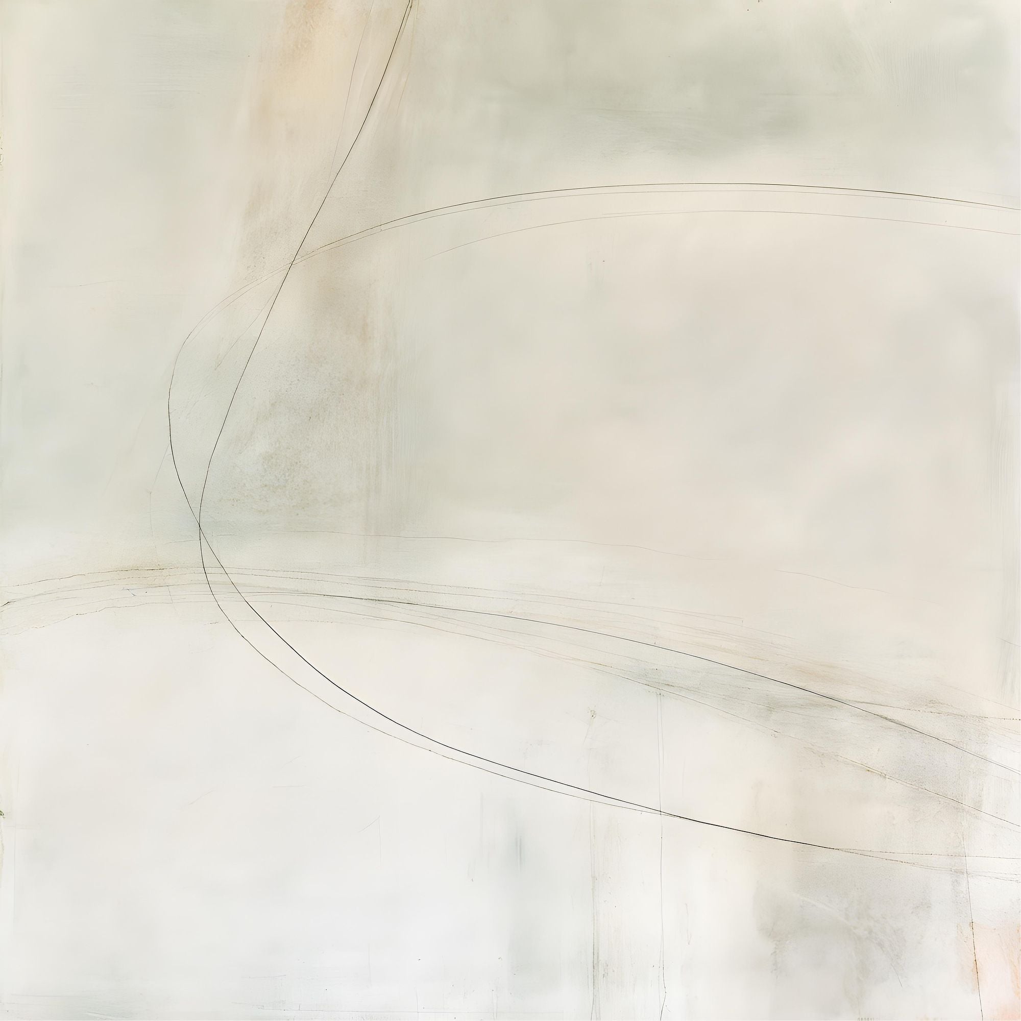 Unfurl No. 09 minimal abstract artwork with fine charcoal lines sweeping across a warm cream and pale beige textured background.