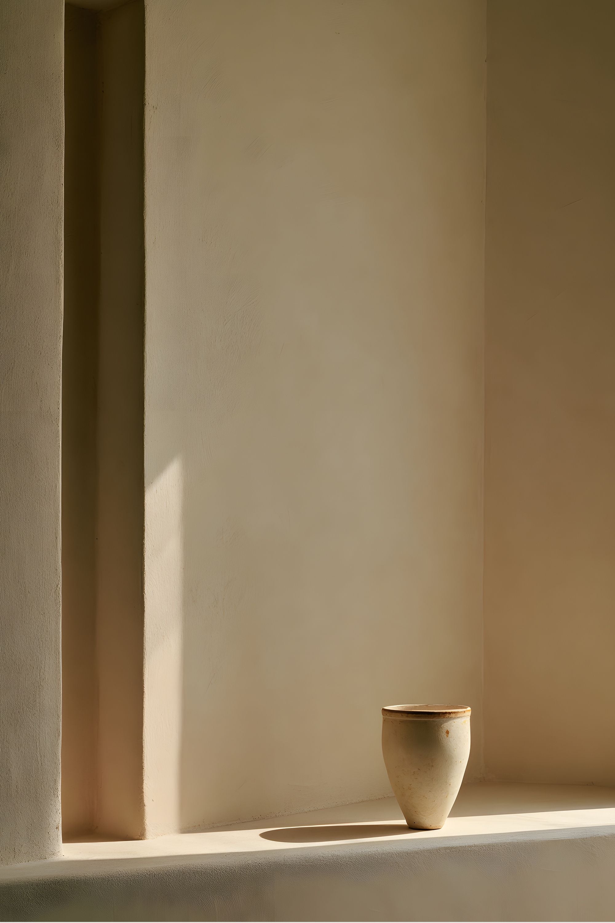 Quiet Objects No. 07 minimal still life artwork with a single small ceramic vessel set in warm sunlight against a softly textured neutral wall.