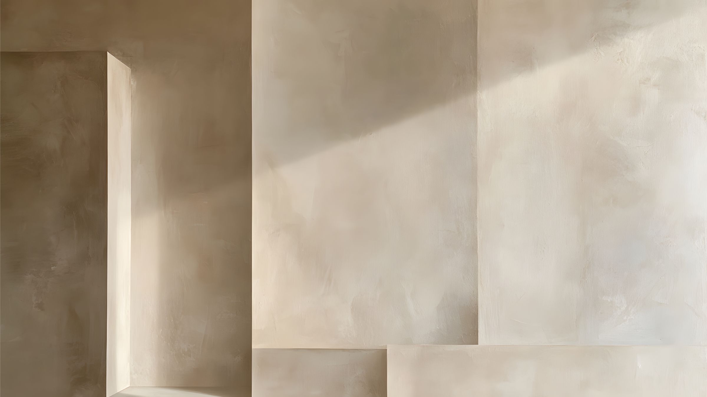 Quiet Intersections No. 01 panoramic abstract artwork with softly layered architectural planes in cream, beige, and warm gray.