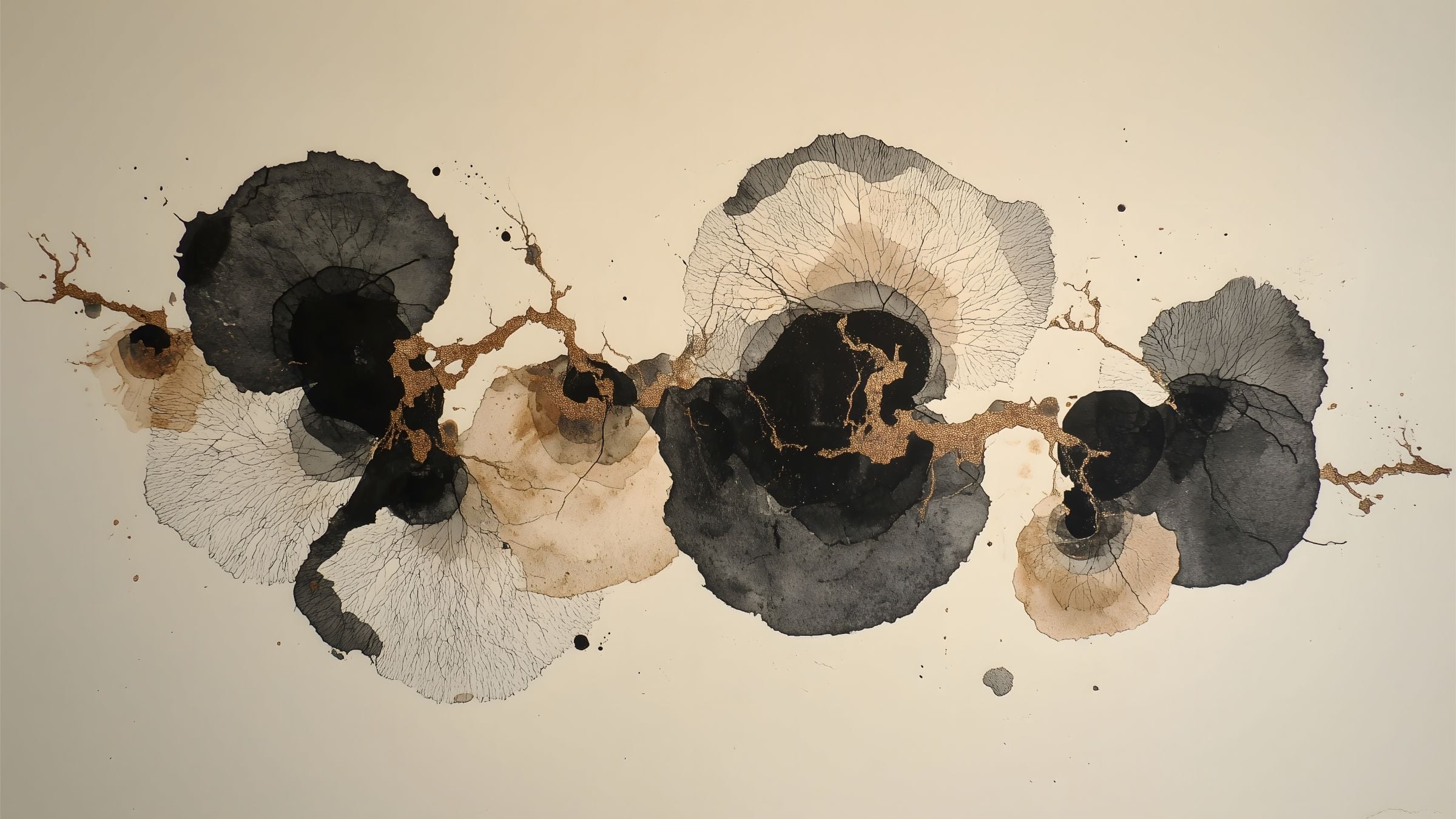 Soft Structure No. 01 panoramic abstract artwork with layered black, charcoal, beige, and warm brown organic forms on a cream background.