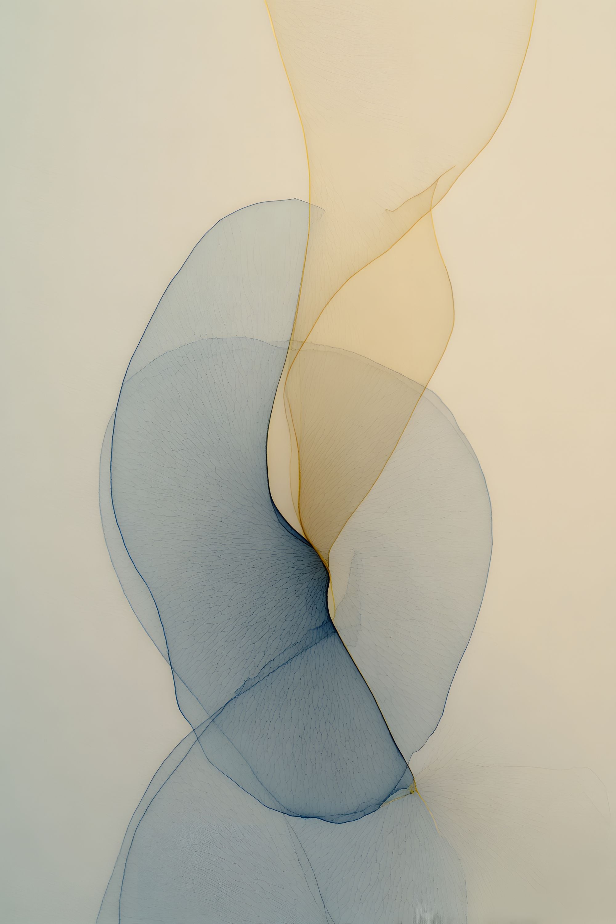 Living Forms No. 06 abstract artwork with translucent overlapping shapes in soft blue, pale gray, and warm gold on a light neutral background.