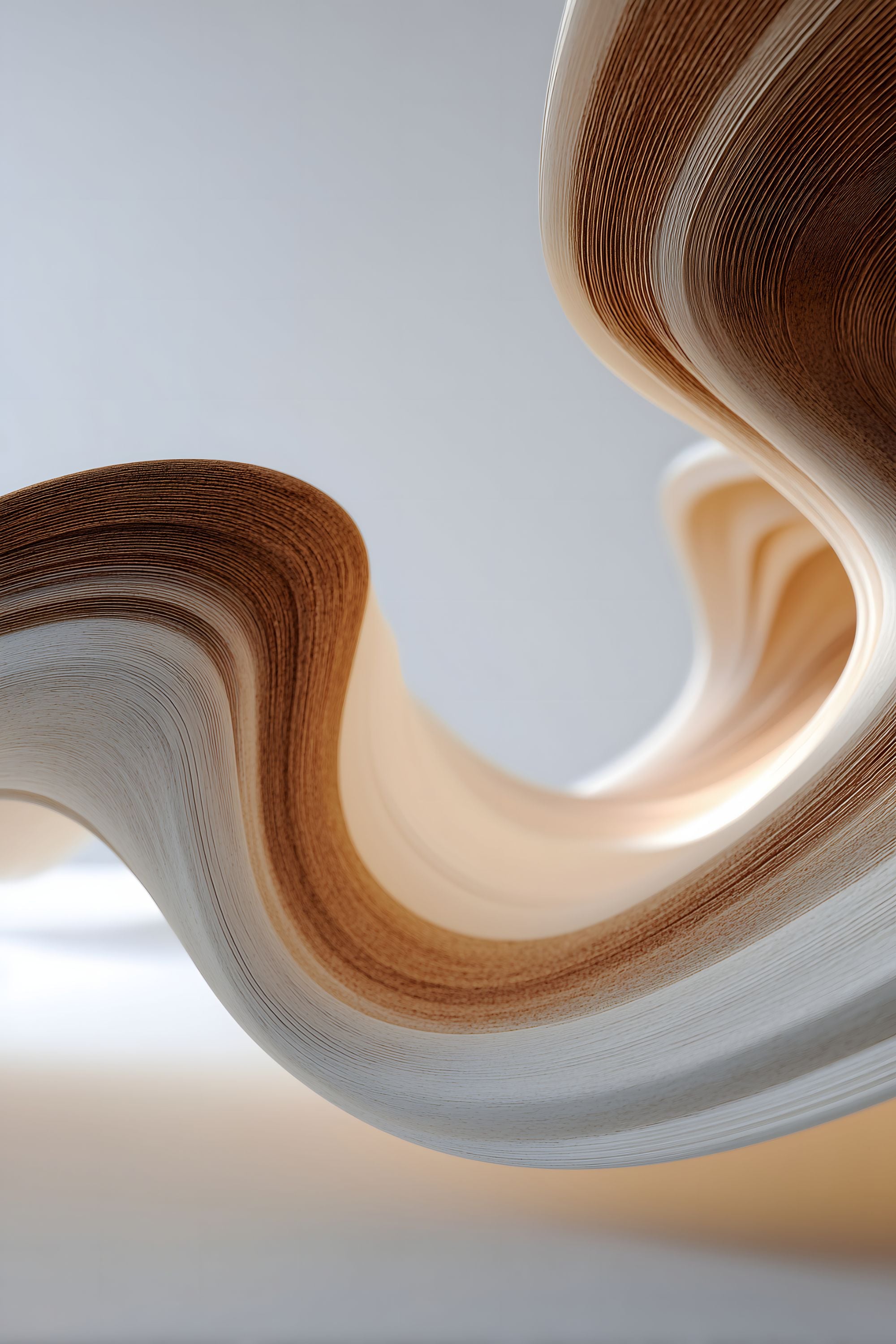 Strata Drift No. 02 abstract artwork with sculptural flowing bands in warm brown, cream, and soft white tones.