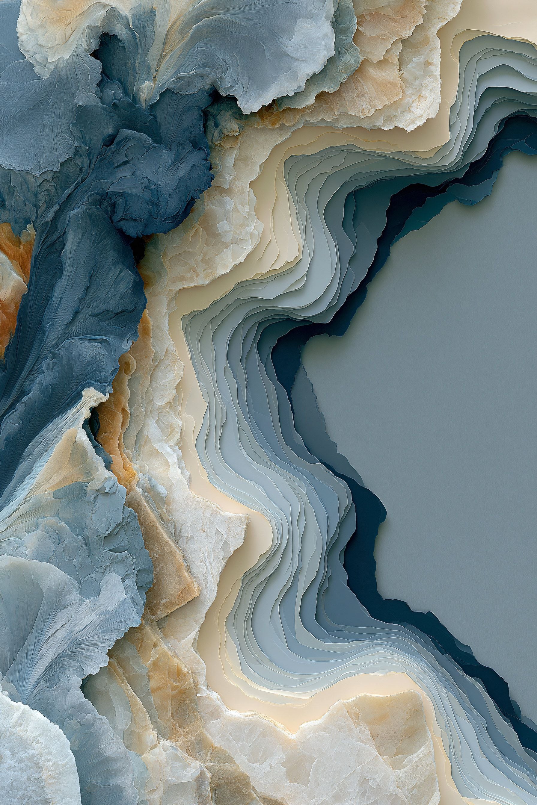 Abstract vertical art print showing sweeping topographical layers of deep oceanic blue, slate grey, and textural cream with a fluid, carved appearance