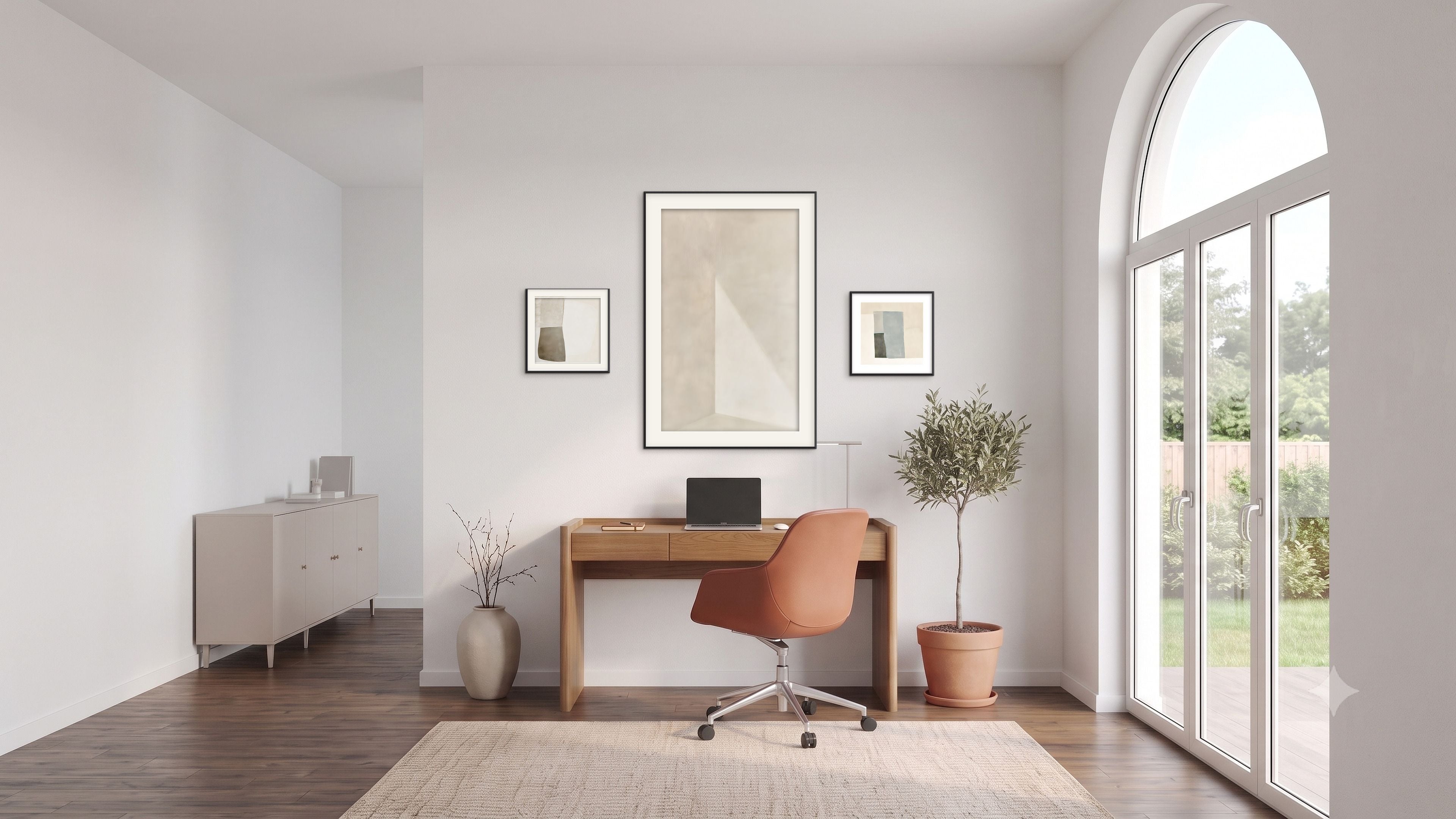 Three Quiet Intersections abstract artworks in soft cream, taupe, and pale gray tones displayed above a wood desk in a bright modern home office.