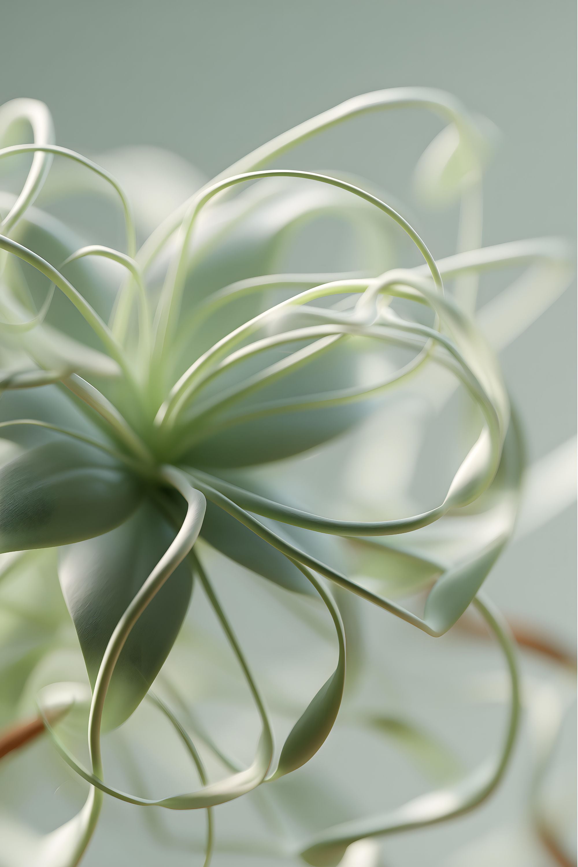 Unfurl No. 02 abstract artwork with curling pale green organic forms against a soft sage-gray background.