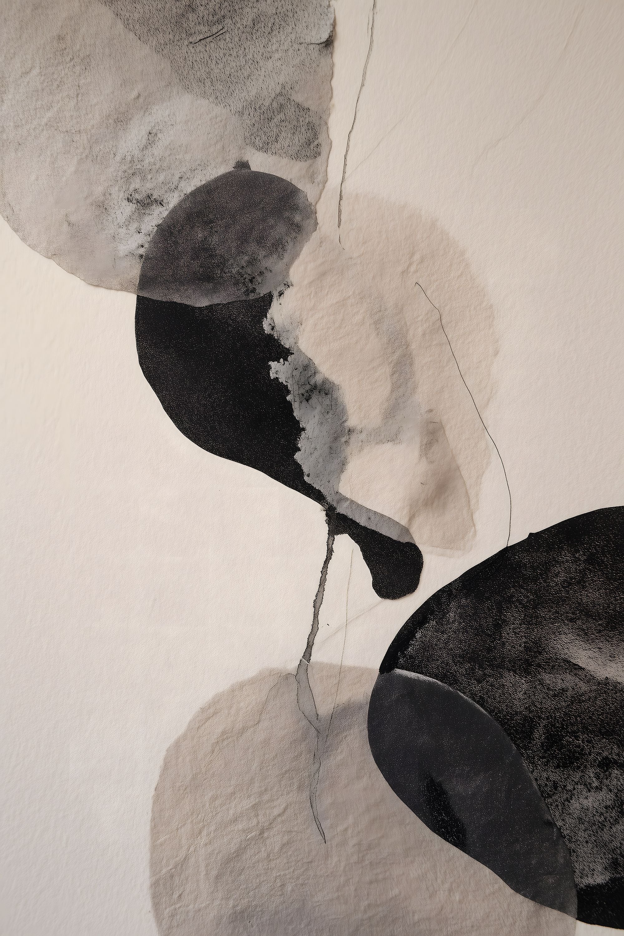 Soft Structure No. 04 abstract artwork with overlapping black, charcoal, taupe, and cream organic forms on a textured neutral background.