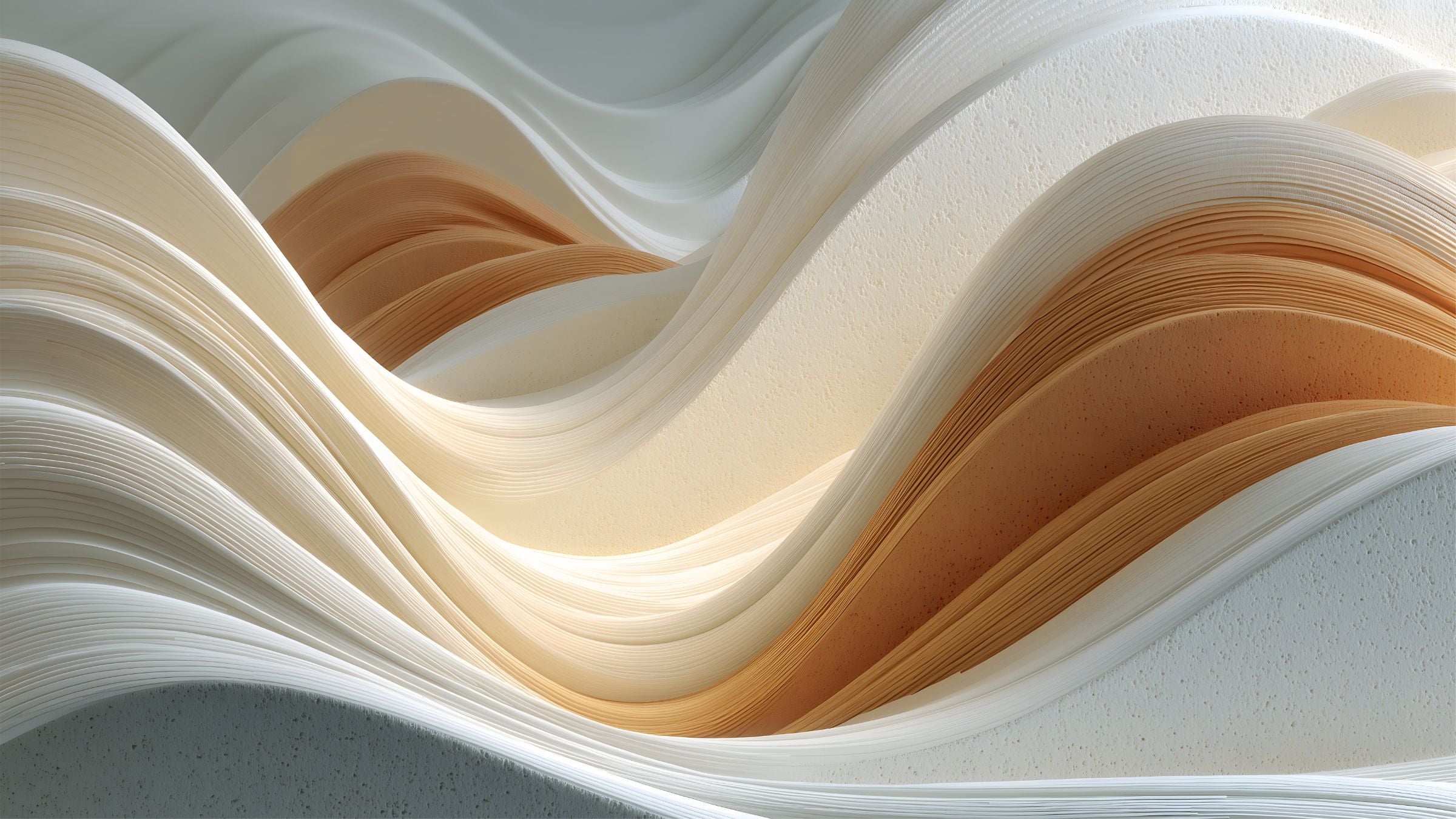 Strata Drift No. 01 panoramic abstract artwork with layered flowing forms in cream, sand, terracotta, and soft gray.