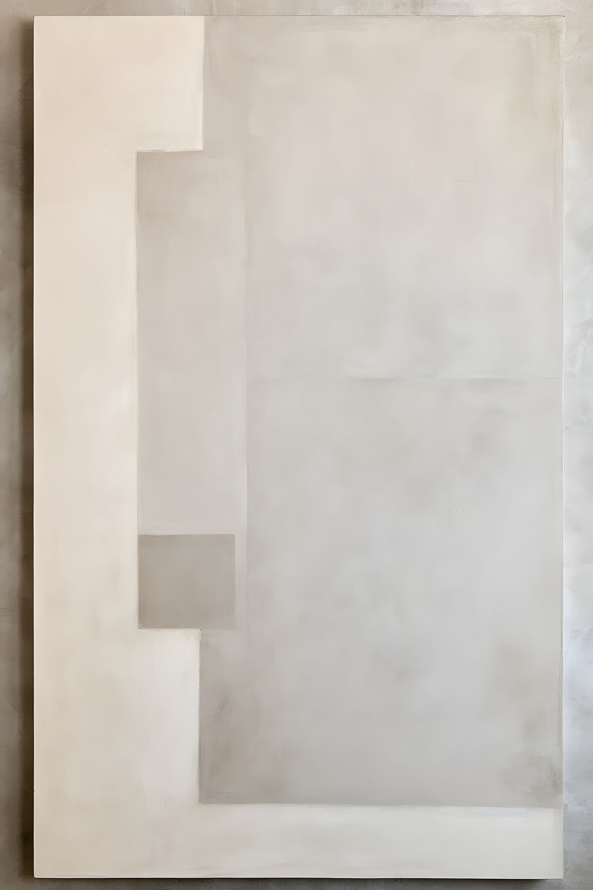 Quiet Intersections No. 04 minimal abstract artwork with layered cream and warm gray rectangular forms arranged in a quiet architectural composition.
