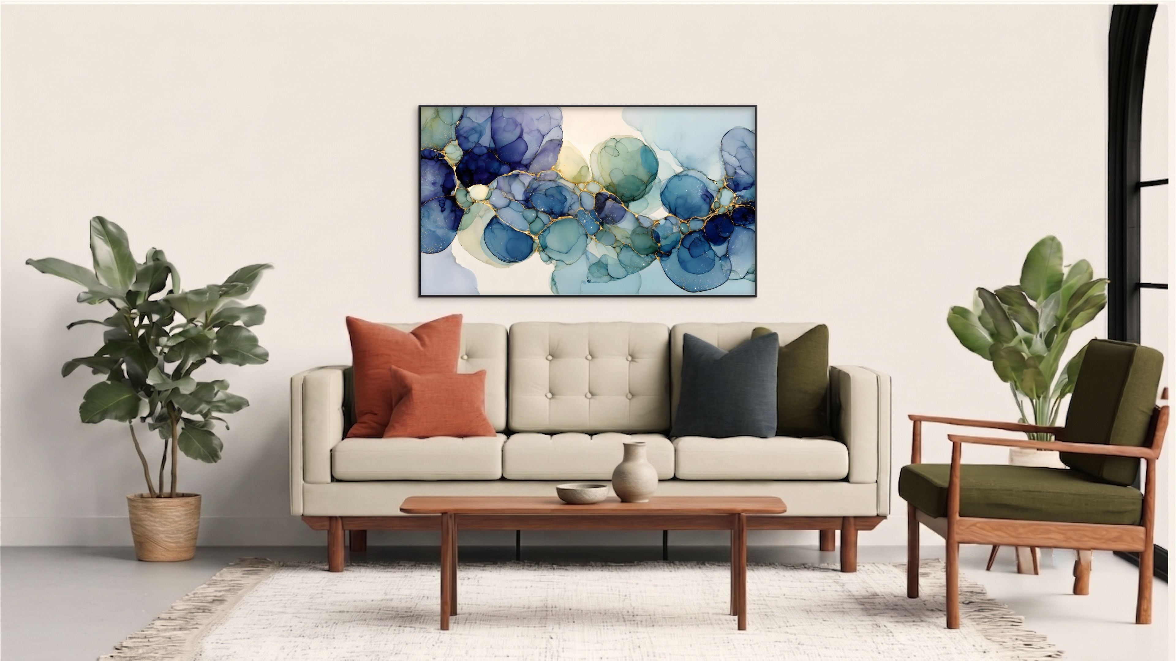 Living Forms panoramic abstract artwork in blue and teal tones displayed above a neutral sofa in a modern living room.