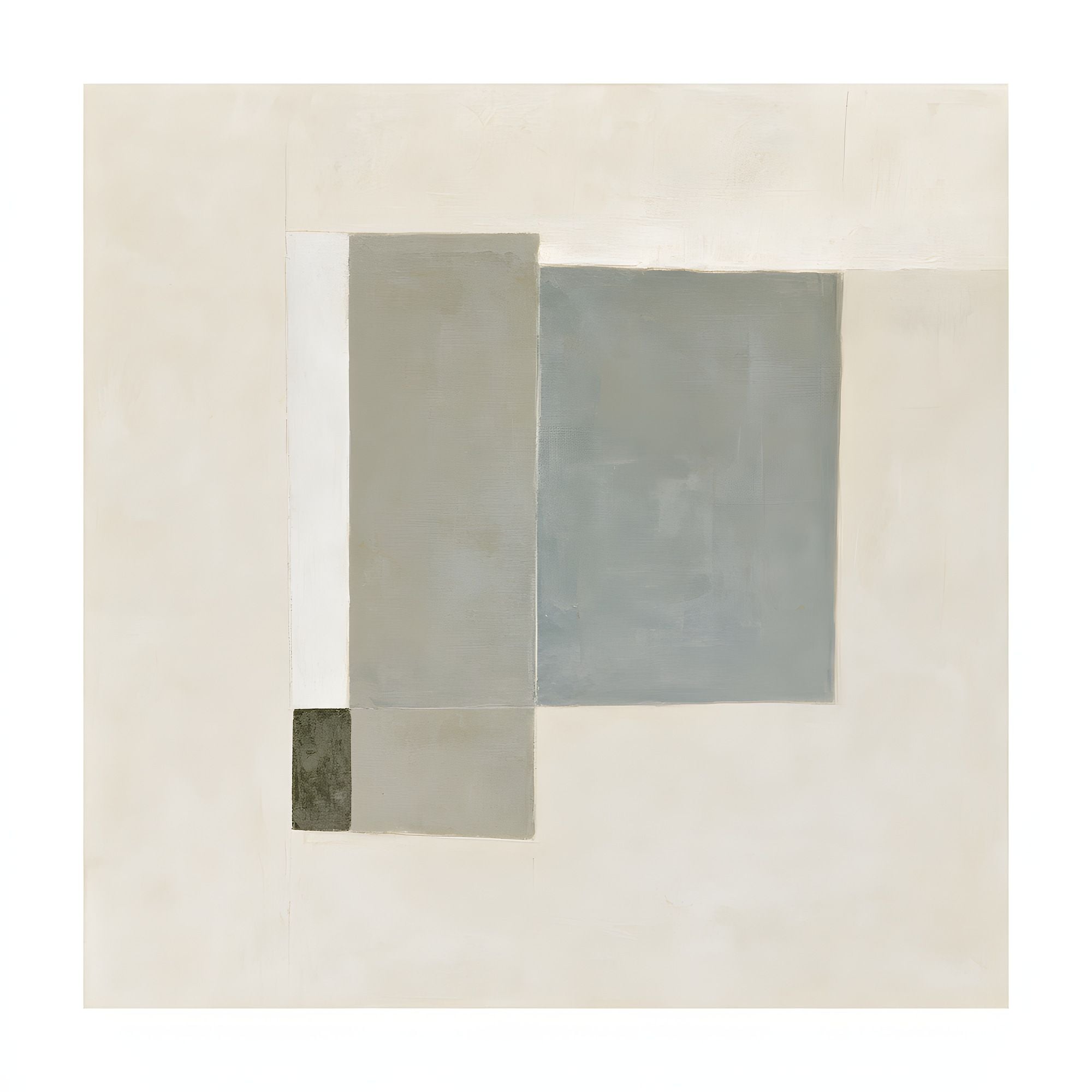 Quiet Intersections No. 07 abstract artwork with overlapping pale gray, cream, and soft blue-gray rectangular forms accented by a small dark block.