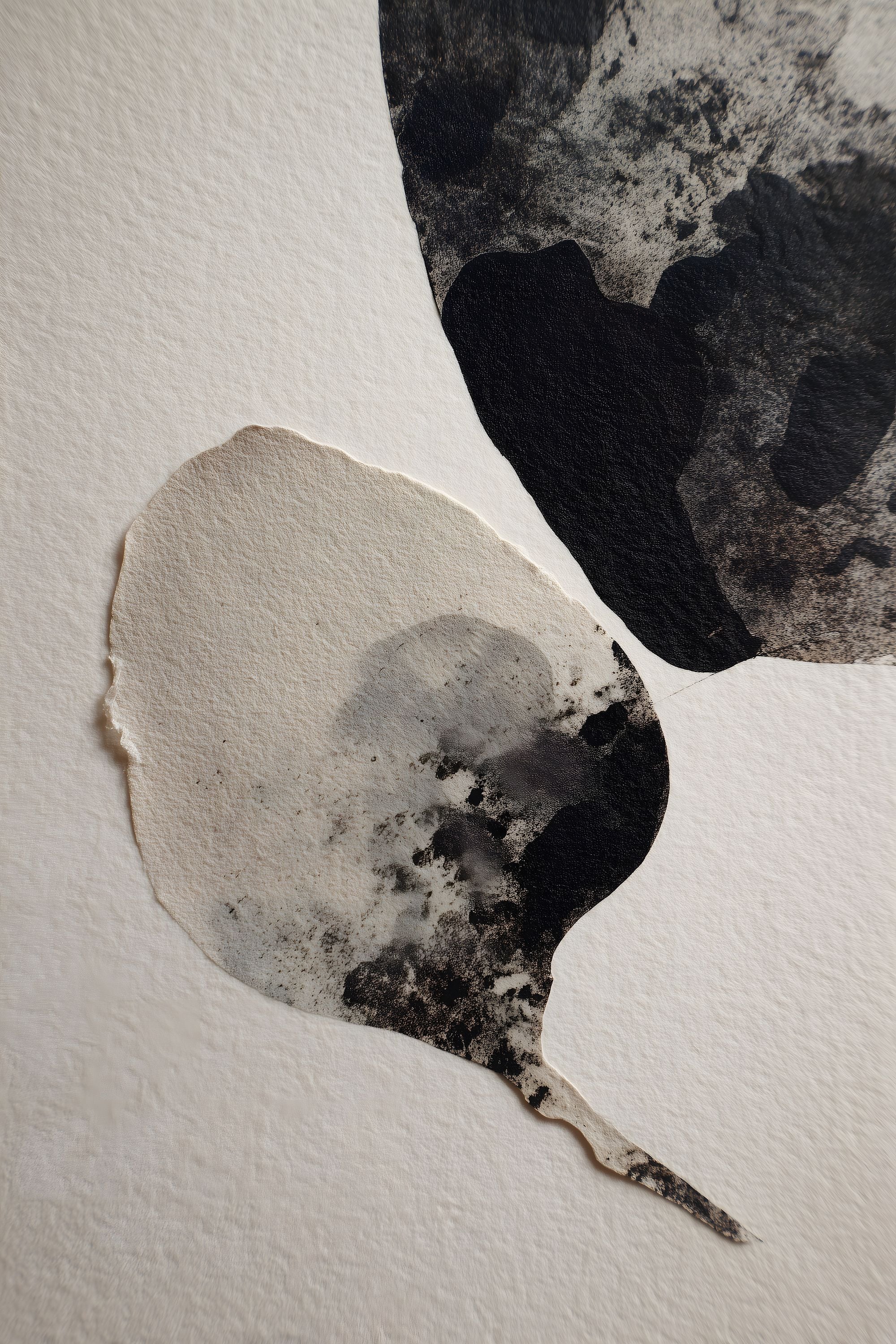 Soft Structure No. 02 abstract artwork with layered black, charcoal, and warm neutral organic forms on a textured cream background.