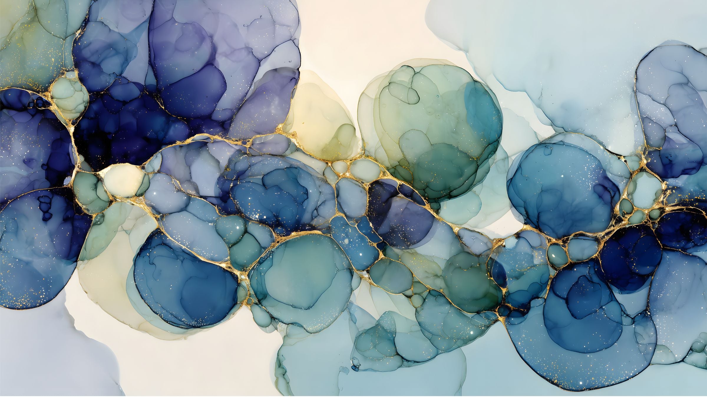 **Alt Text** Abstract panoramic artwork with layered blue, teal, cream, and gold organic forms from the Living Forms collection.