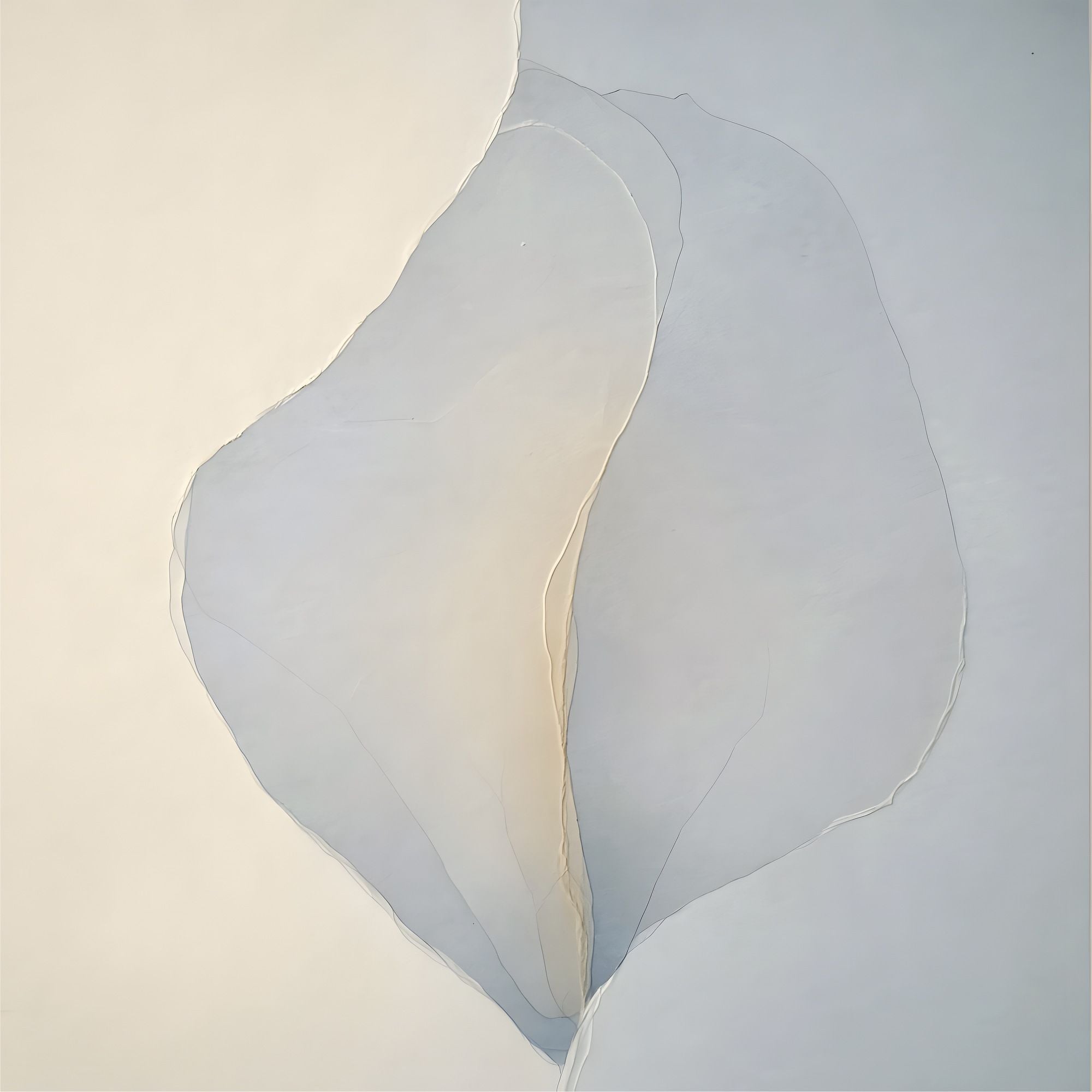 Living Forms No. 07 abstract artwork with overlapping translucent organic forms in pale blue-gray, ivory, and soft cream against a light neutral background.