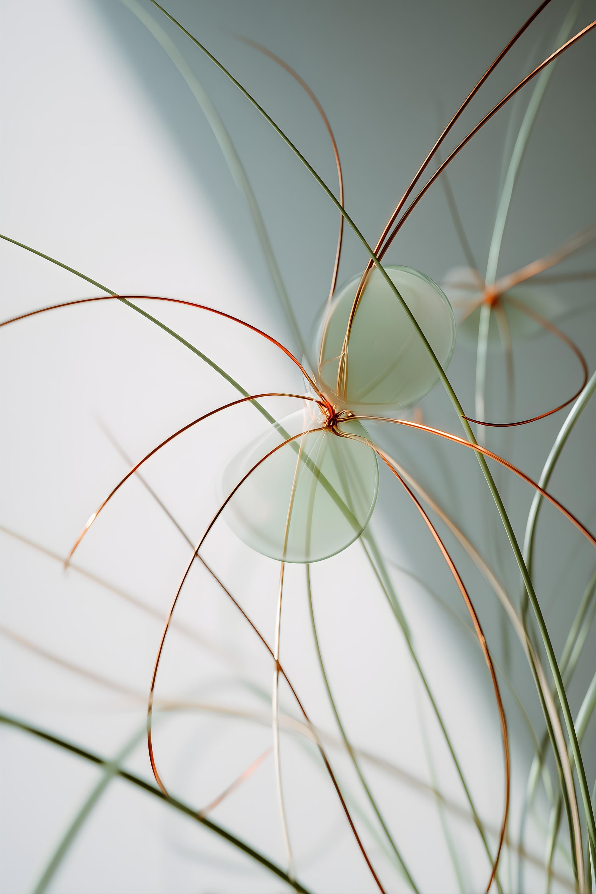 Unfurl No. 04 abstract artwork with fine green and copper lines sweeping across soft translucent forms on a pale neutral background.