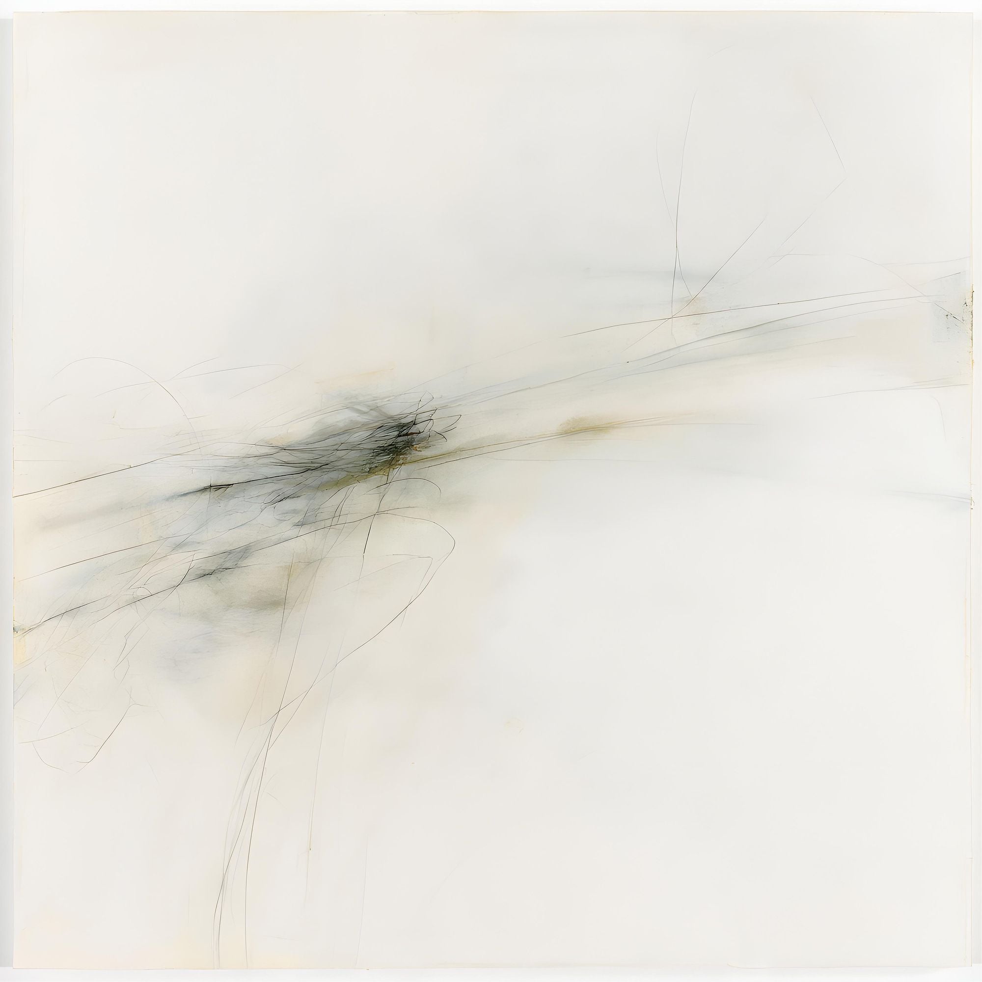 Unfurl No. 10 minimal abstract artwork with delicate charcoal lines, soft gray-green marks, and subtle warm beige tones on a light neutral background.