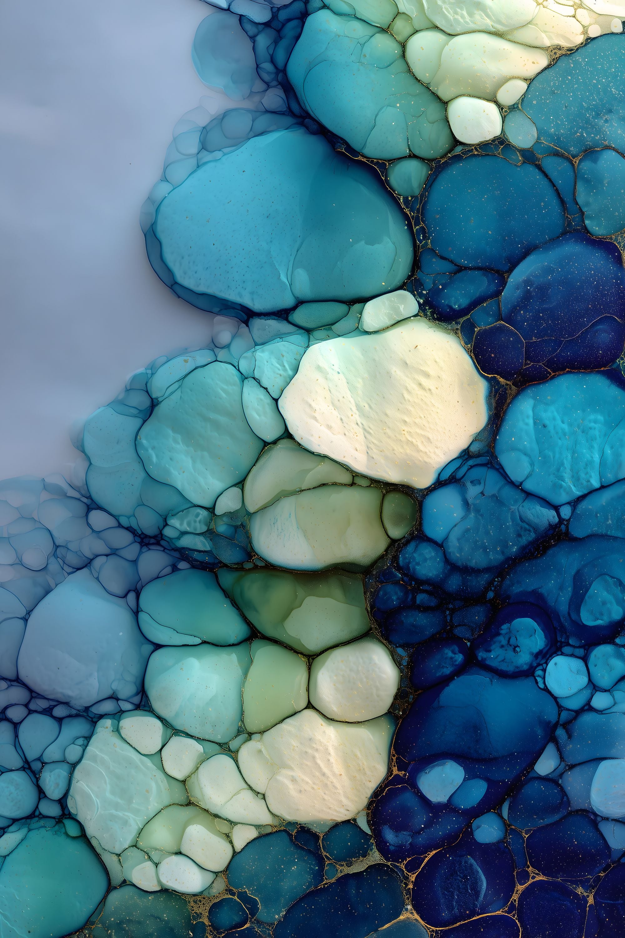 Living Forms No. 04 abstract artwork with layered blue, turquoise, cream, and soft green organic forms.