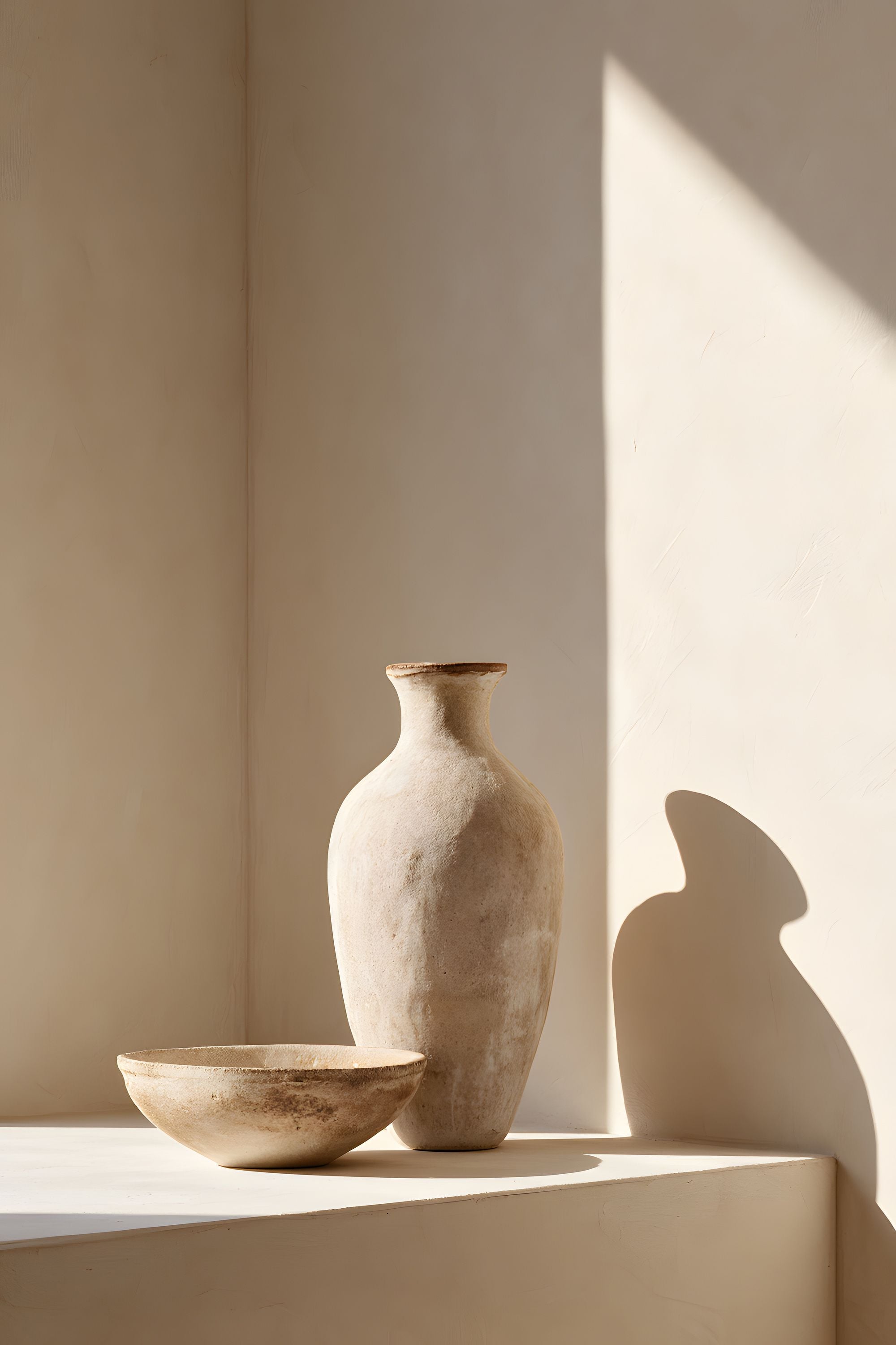Quiet Objects No. 03 still life artwork with a tall cream ceramic vase and shallow bowl in warm sunlight against a soft beige interior.