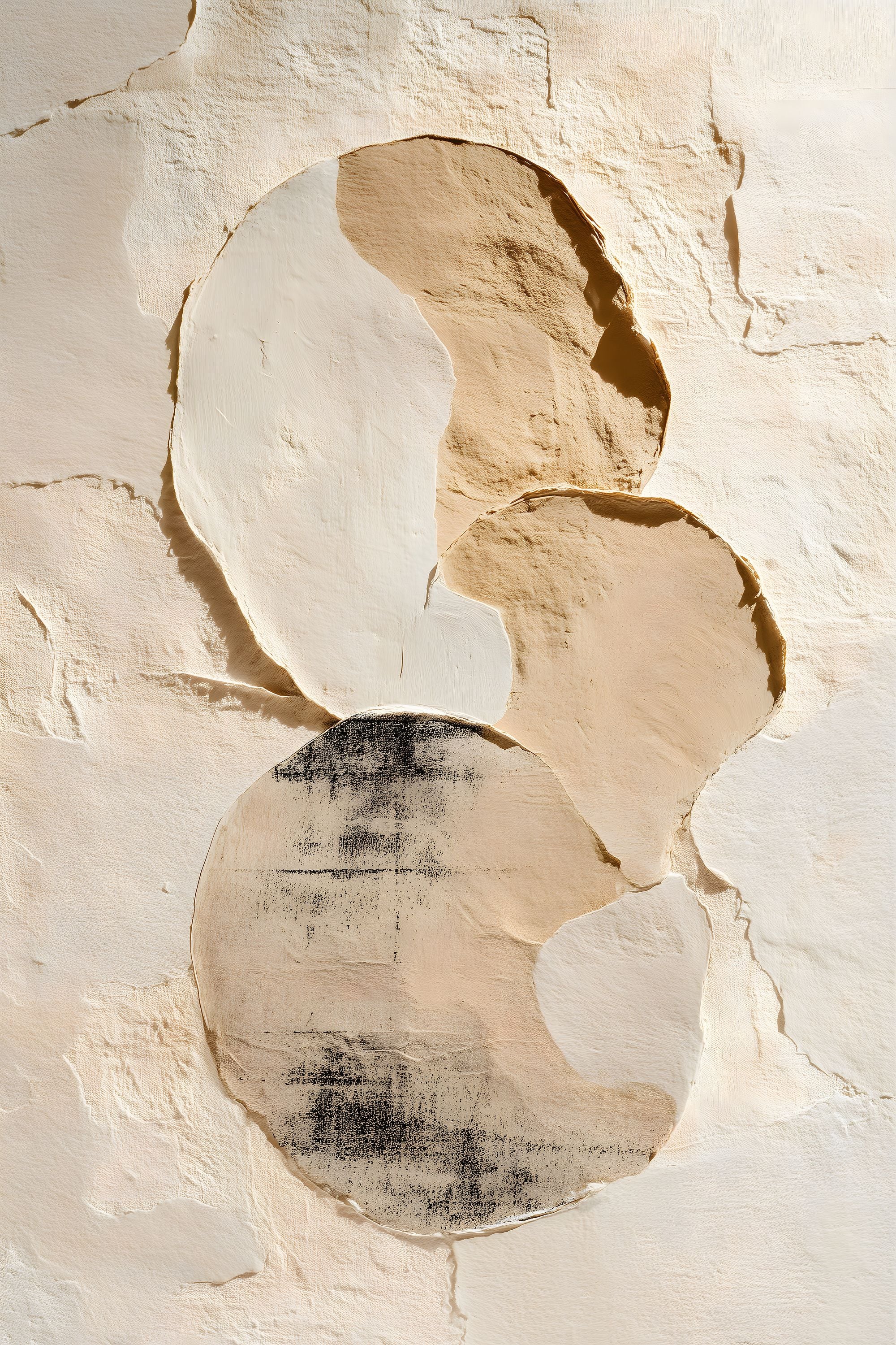 Soft Structure No. 06 abstract artwork with layered cream, sand, beige, and charcoal organic forms on a textured neutral background.