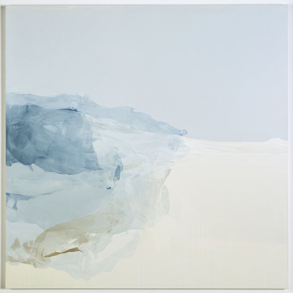 Abstract square art print featuring delicate, translucent washes of pale cerulean blue, soft alabaster, and warm taupe that float across a light background