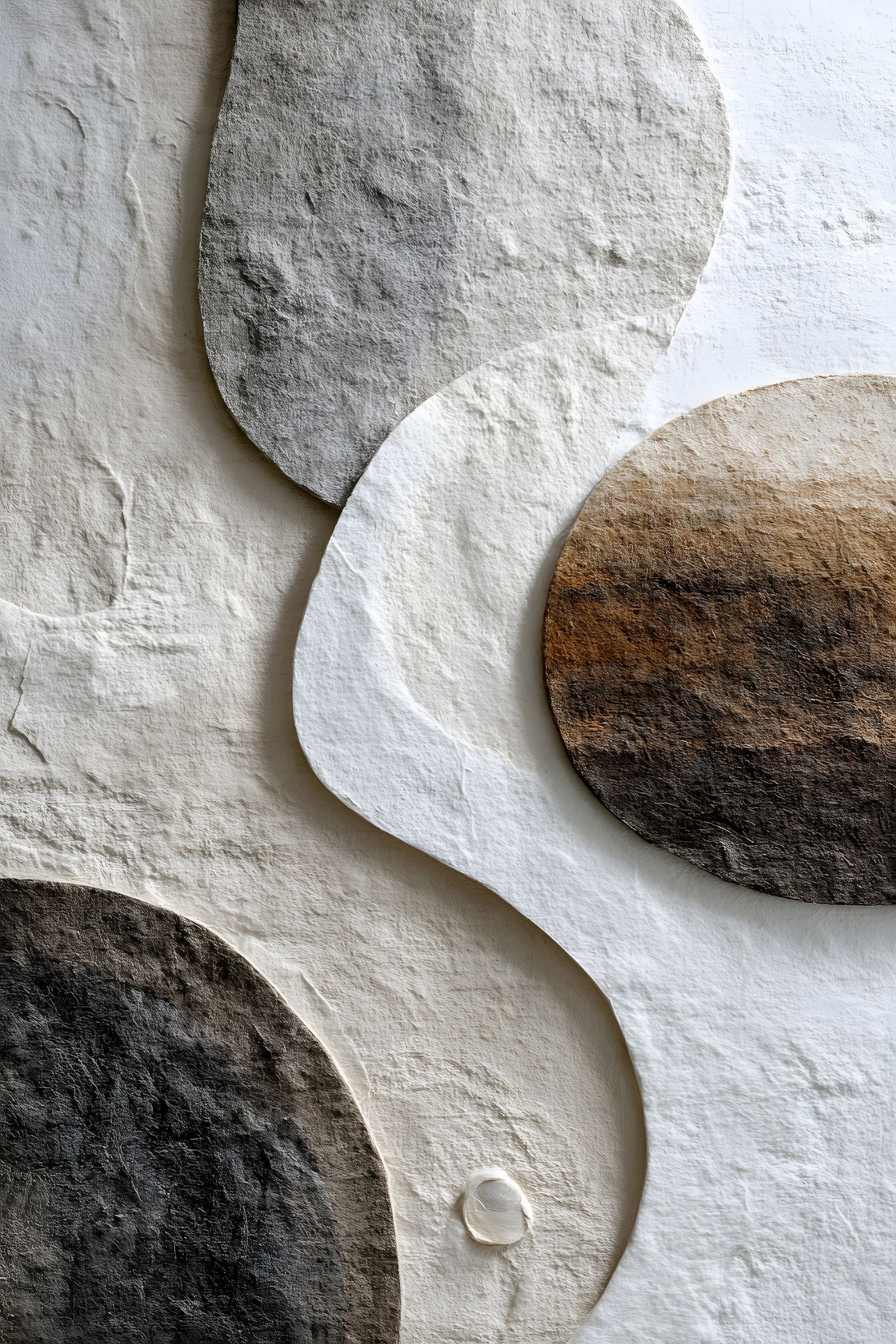 Layered Earth No. 02 abstract artwork with layered organic forms in white, gray, charcoal, and warm brown on a textured neutral surface.