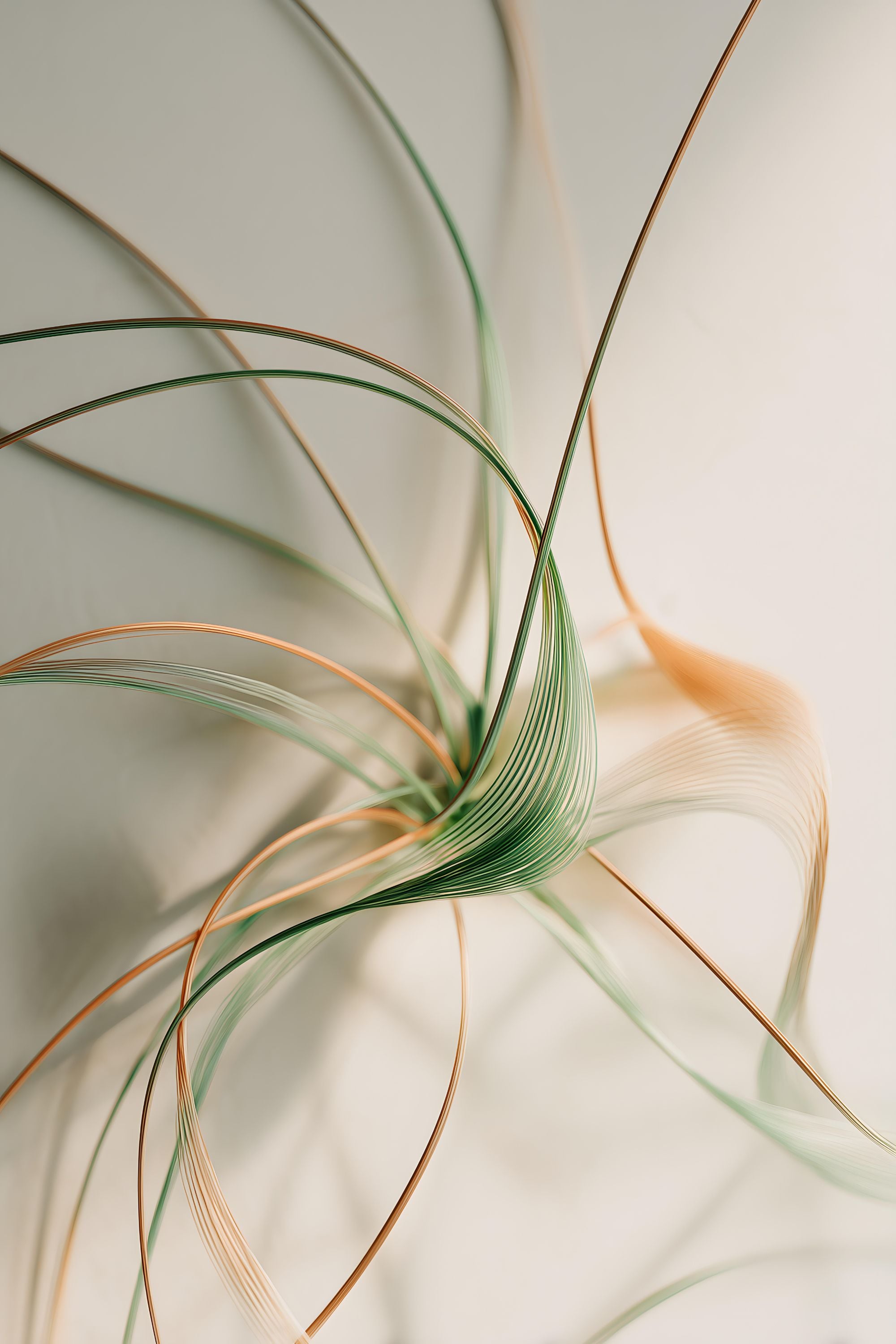 Unfurl No. 06 abstract artwork with sweeping green and warm copper lines forming a delicate organic composition on a soft cream background.