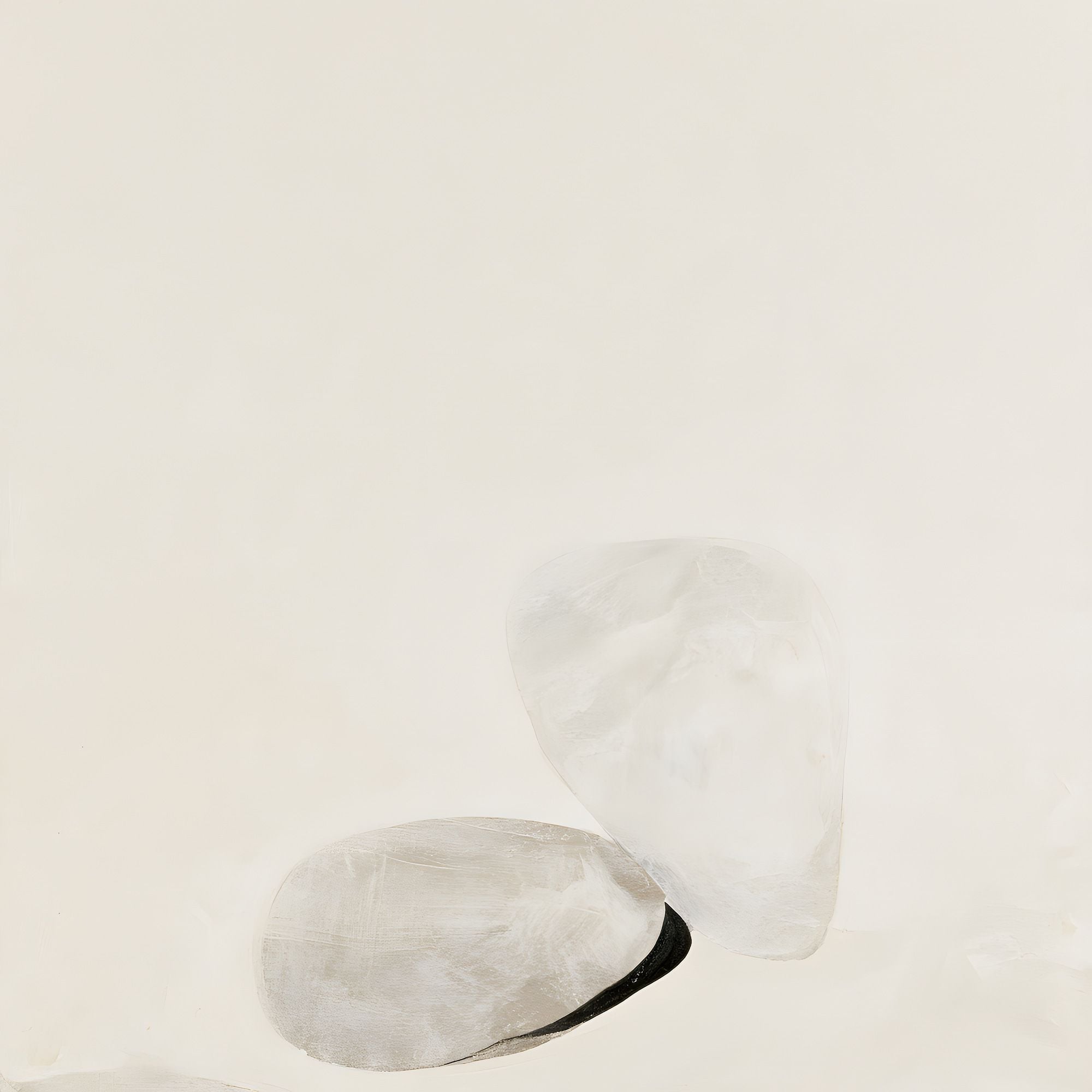 Soft Structure No. 10 minimal abstract artwork with two pale rounded forms in cream and taupe, accented by a small black curve on a warm neutral background.