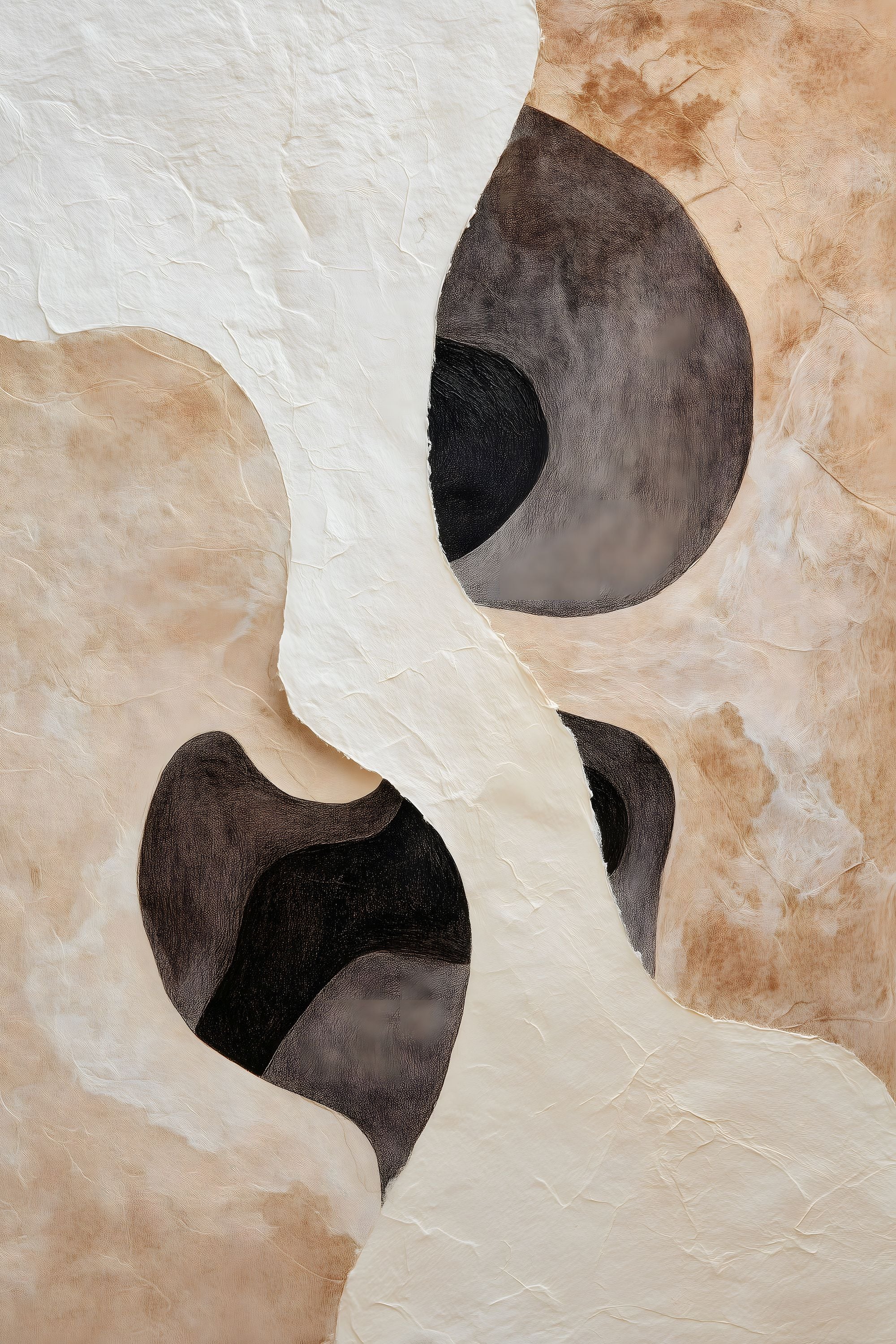 Soft Structure No. 03 abstract artwork with layered cream, beige, charcoal, and black organic forms on a textured neutral surface.