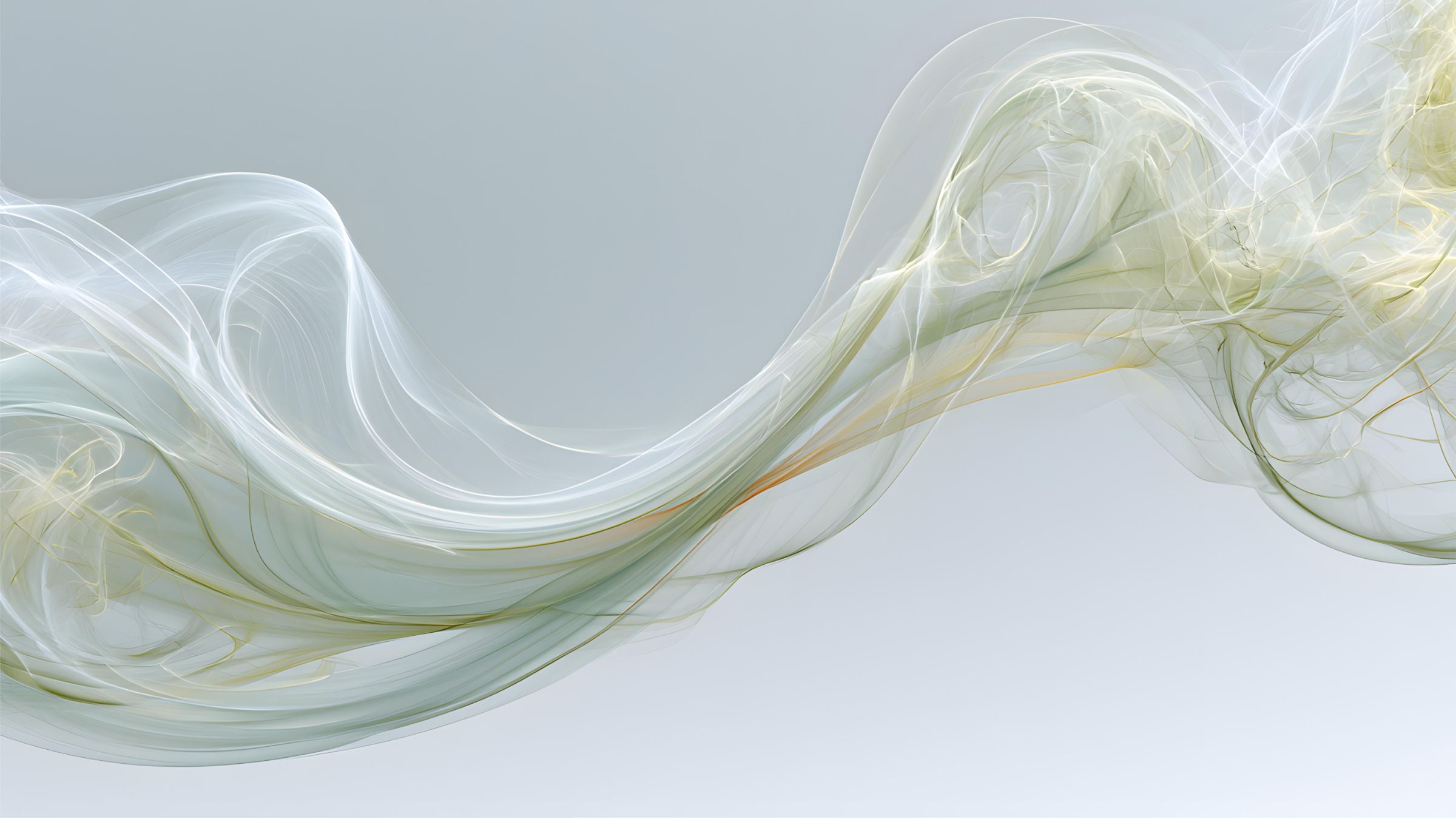 Unfurl No. 01 panoramic abstract artwork with flowing translucent white, soft green, and pale gold forms on a light blue-gray background.