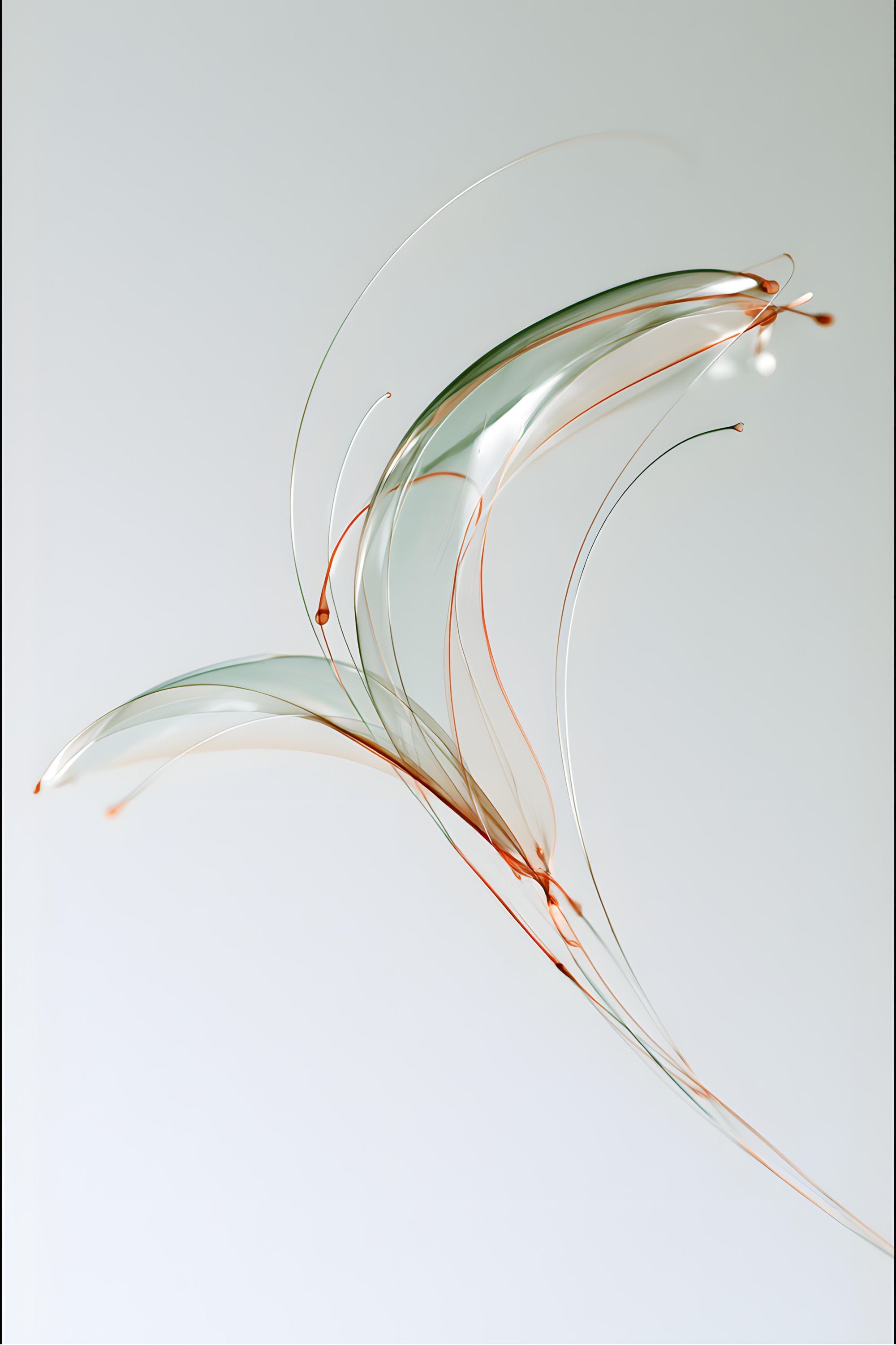 Unfurl No. 07 abstract artwork with a delicate sweeping form in soft green, white, and warm copper tones on a pale background.