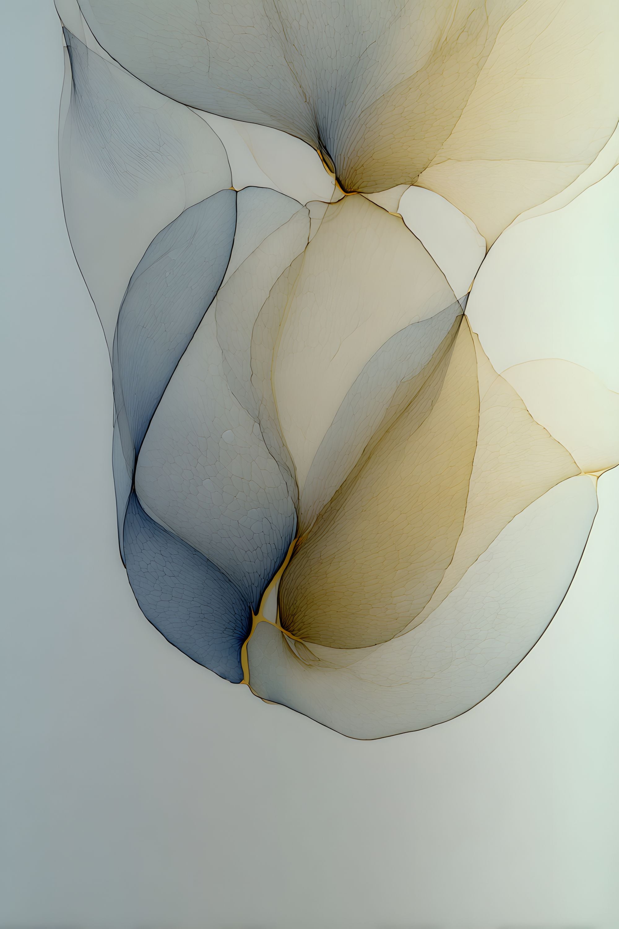 Living Forms No. 05 abstract artwork with soft cream, beige, muted blue, and warm gold organic forms.