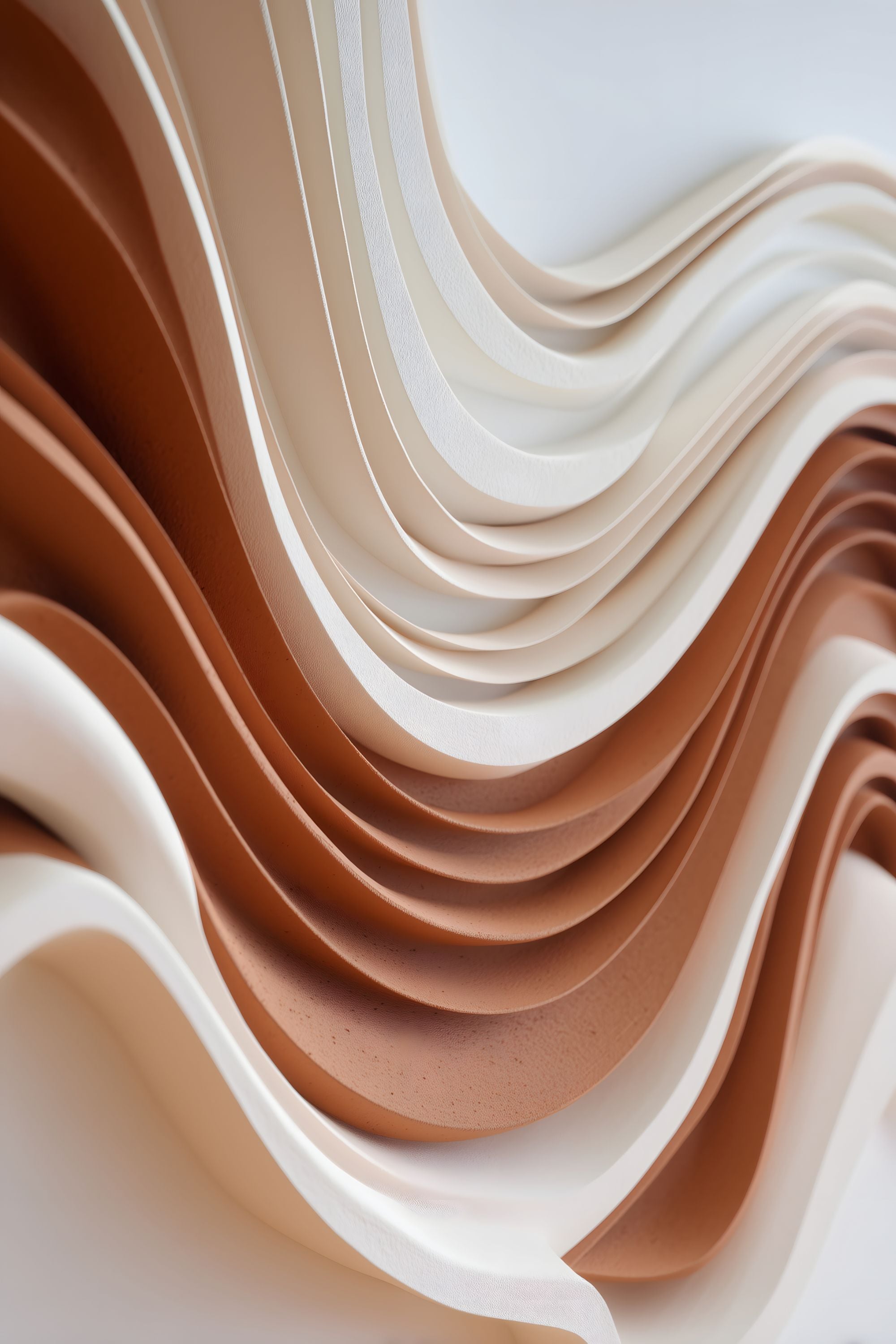 Strata Drift No. 05 abstract artwork with layered terracotta, cream, beige, and white bands forming deep flowing curves.