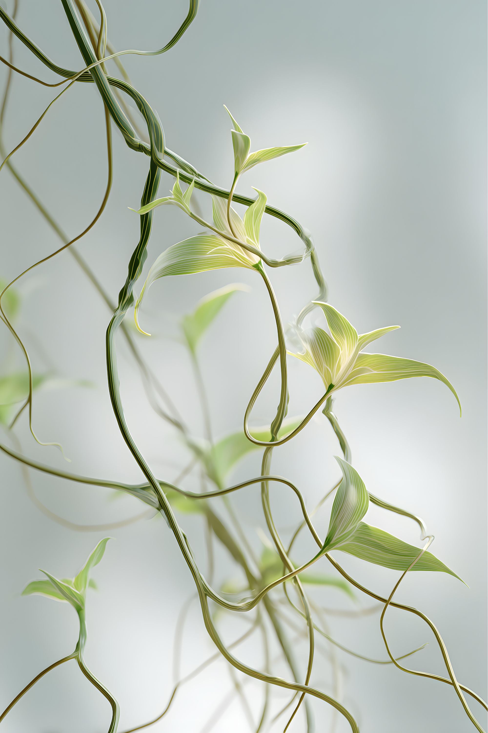 Unfurl No. 03 abstract artwork with delicate green vines and small leaves unfolding across a soft pale gray background.