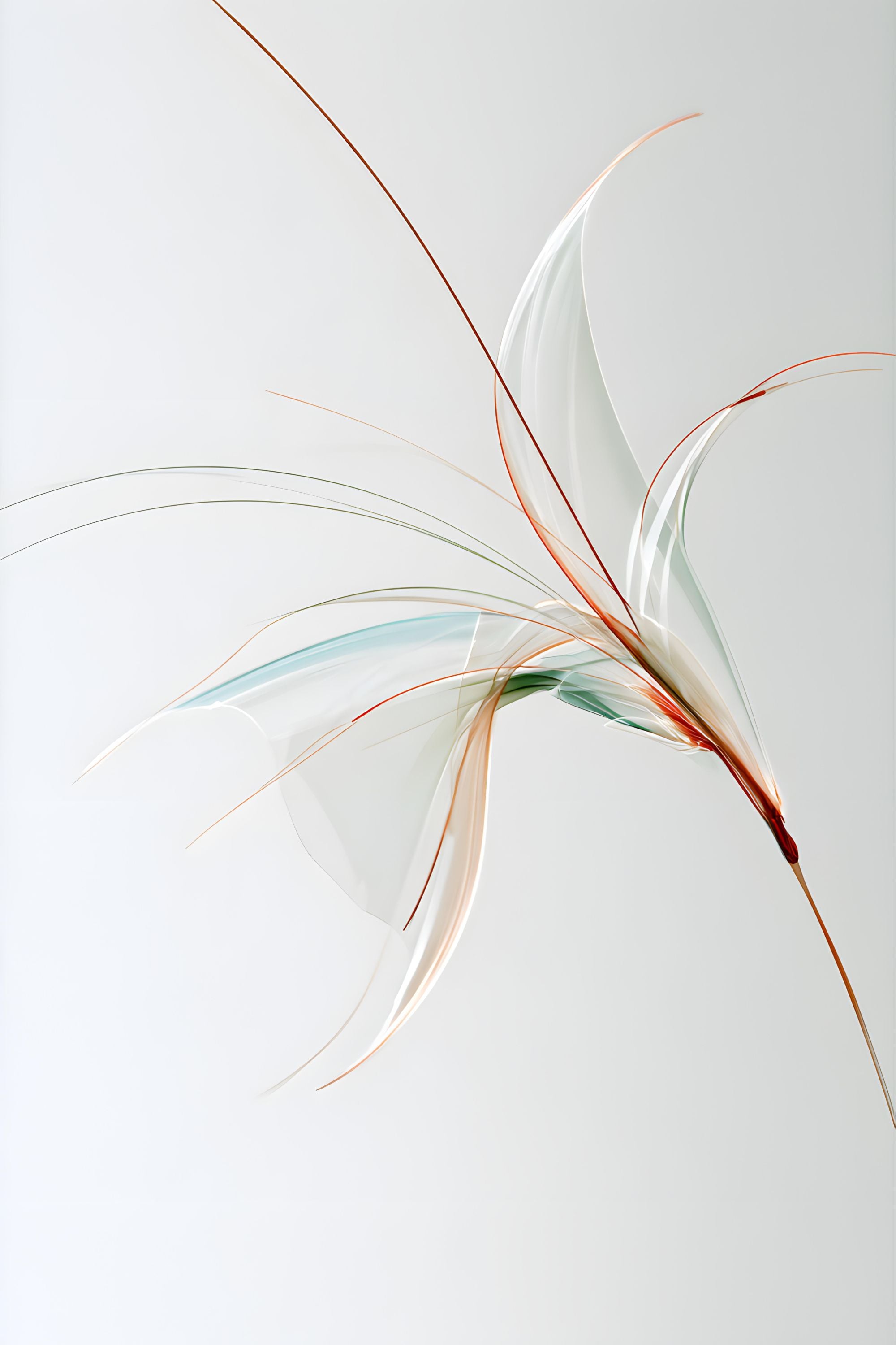 Unfurl No. 08 abstract artwork with airy white forms and fine green and copper lines sweeping outward on a pale neutral background.