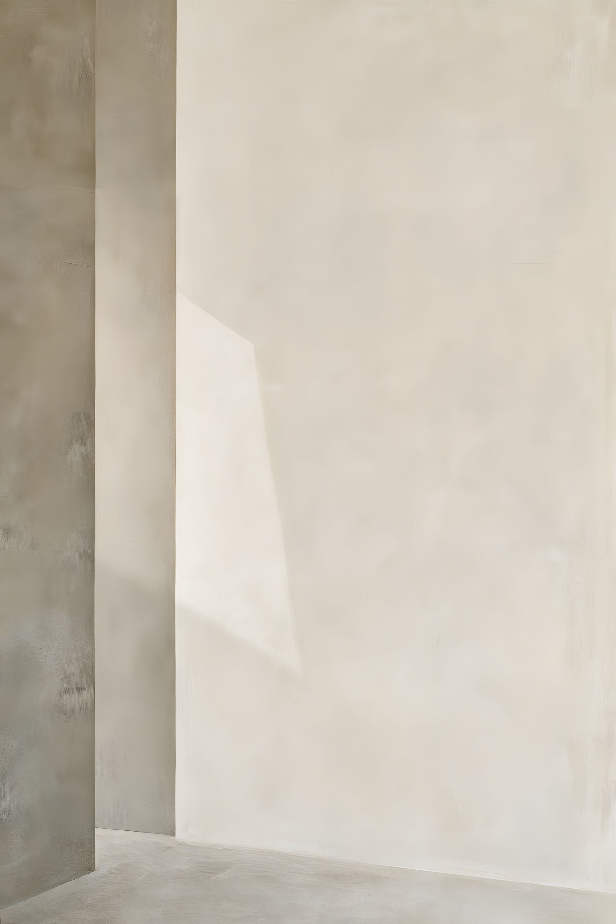 Quiet Intersections No. 02 minimal abstract artwork with soft cream and warm gray architectural planes crossed by a pale geometric shadow.