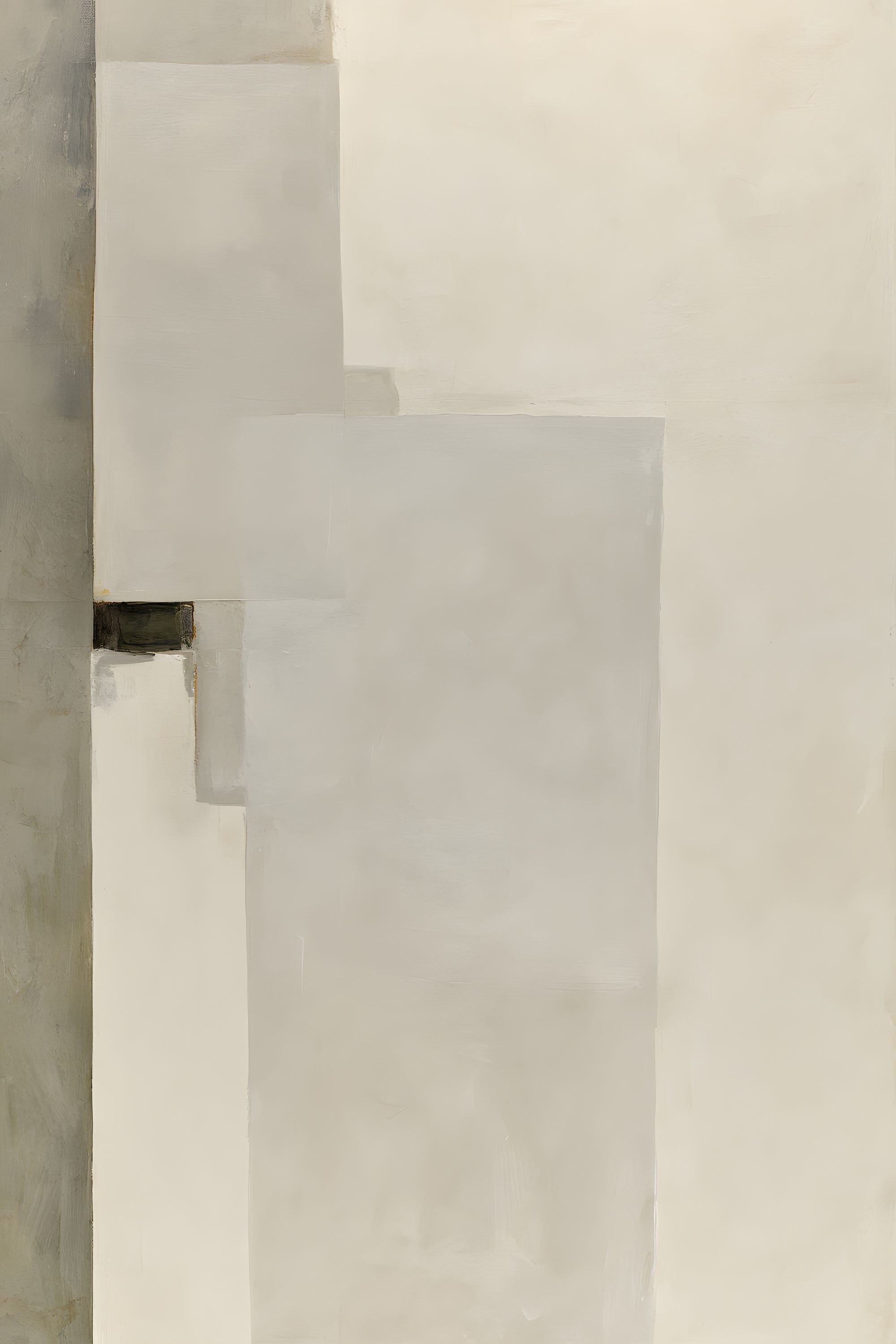 Quiet Intersections No. 05 minimal abstract artwork with layered cream, warm gray, and taupe rectangular forms accented by a small dark horizontal shape.