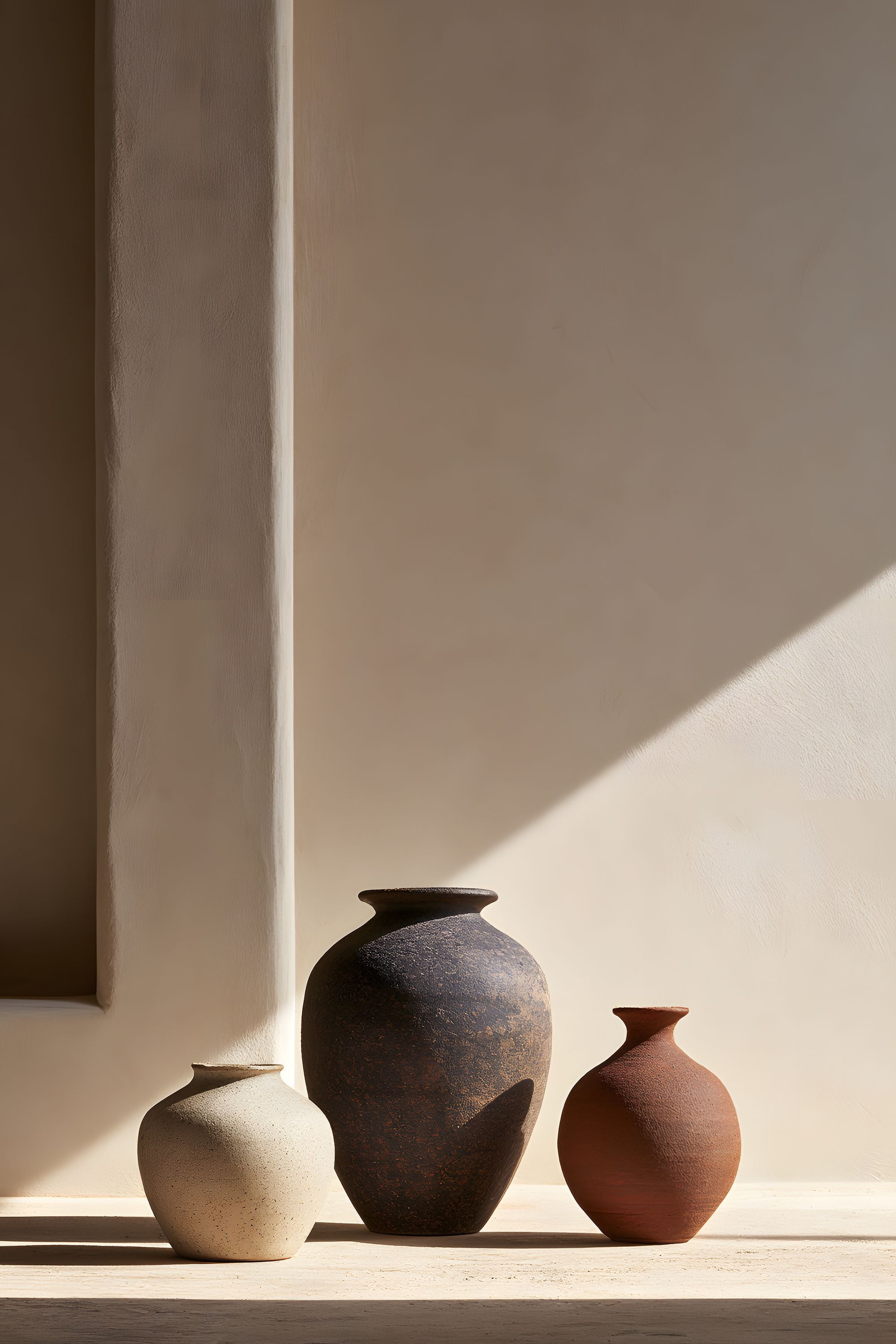Quiet Objects No. 02 still life artwork with three sculptural vessels in cream, dark brown, and terracotta set against warm natural light and shadow.