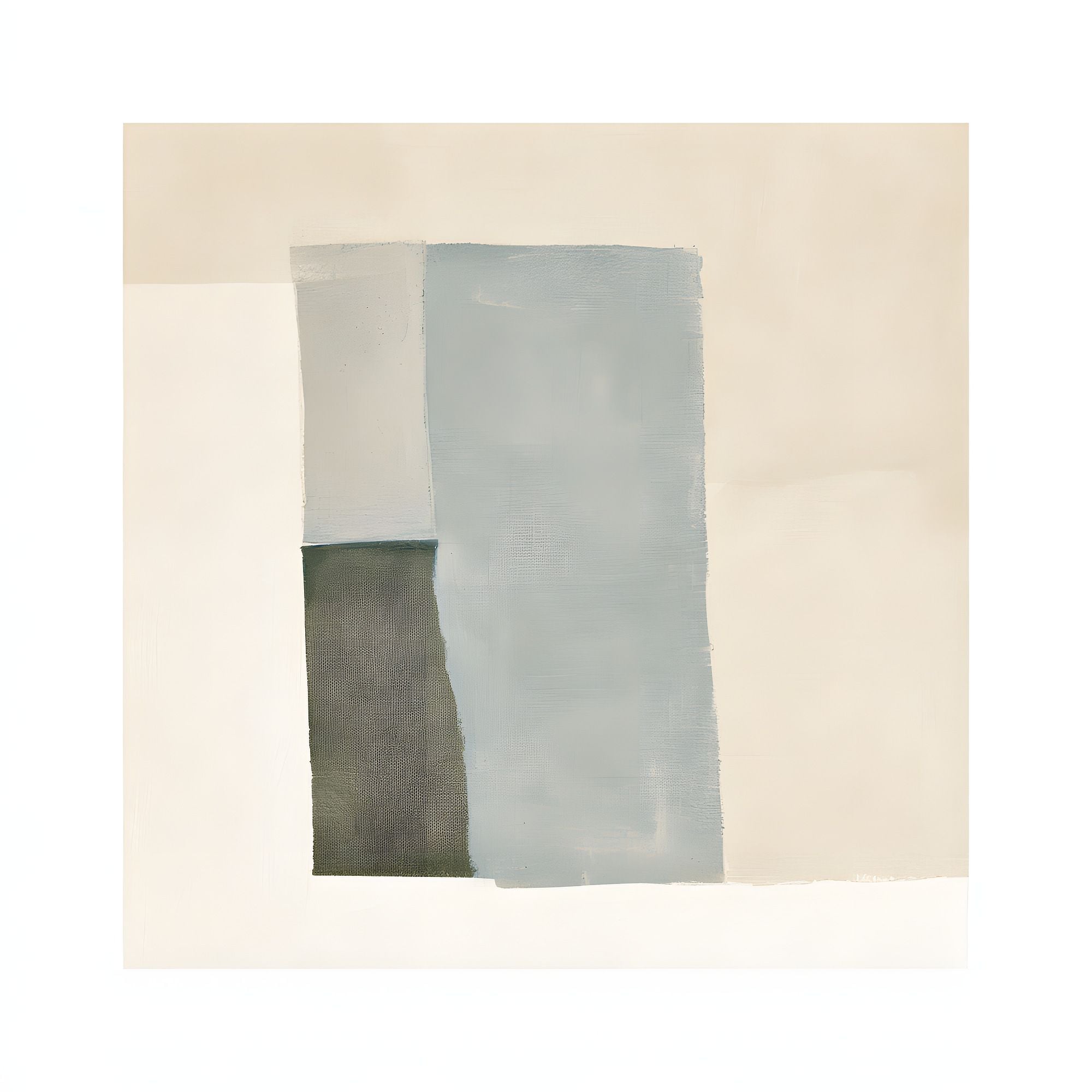 Quiet Intersections No. 06 abstract artwork with soft cream, pale blue-gray, and charcoal rectangular forms arranged in a restrained geometric composition.