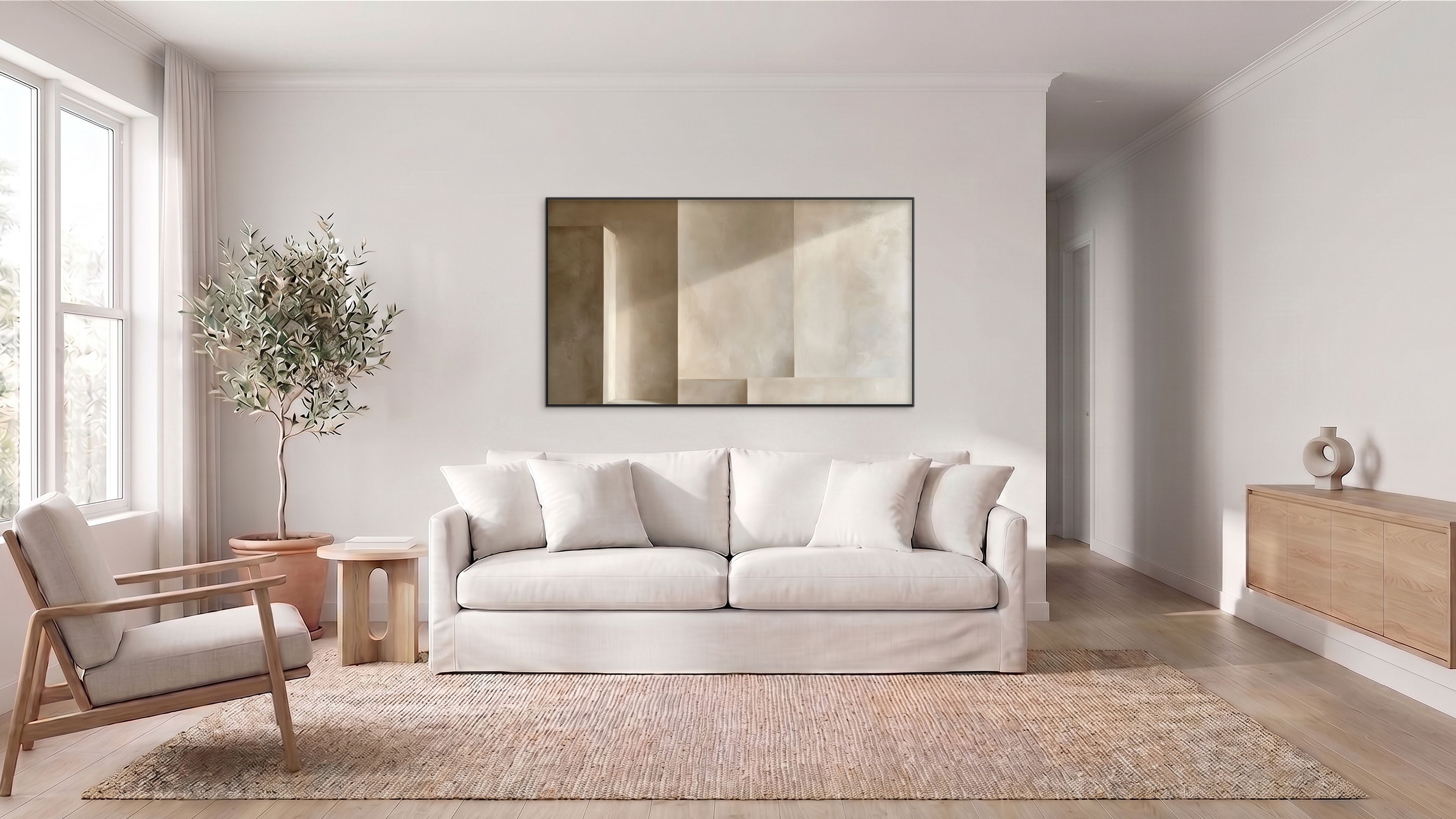 Quiet Intersections panoramic abstract artwork in warm taupe, cream, and soft beige displayed above a neutral sofa in a bright contemporary living room.