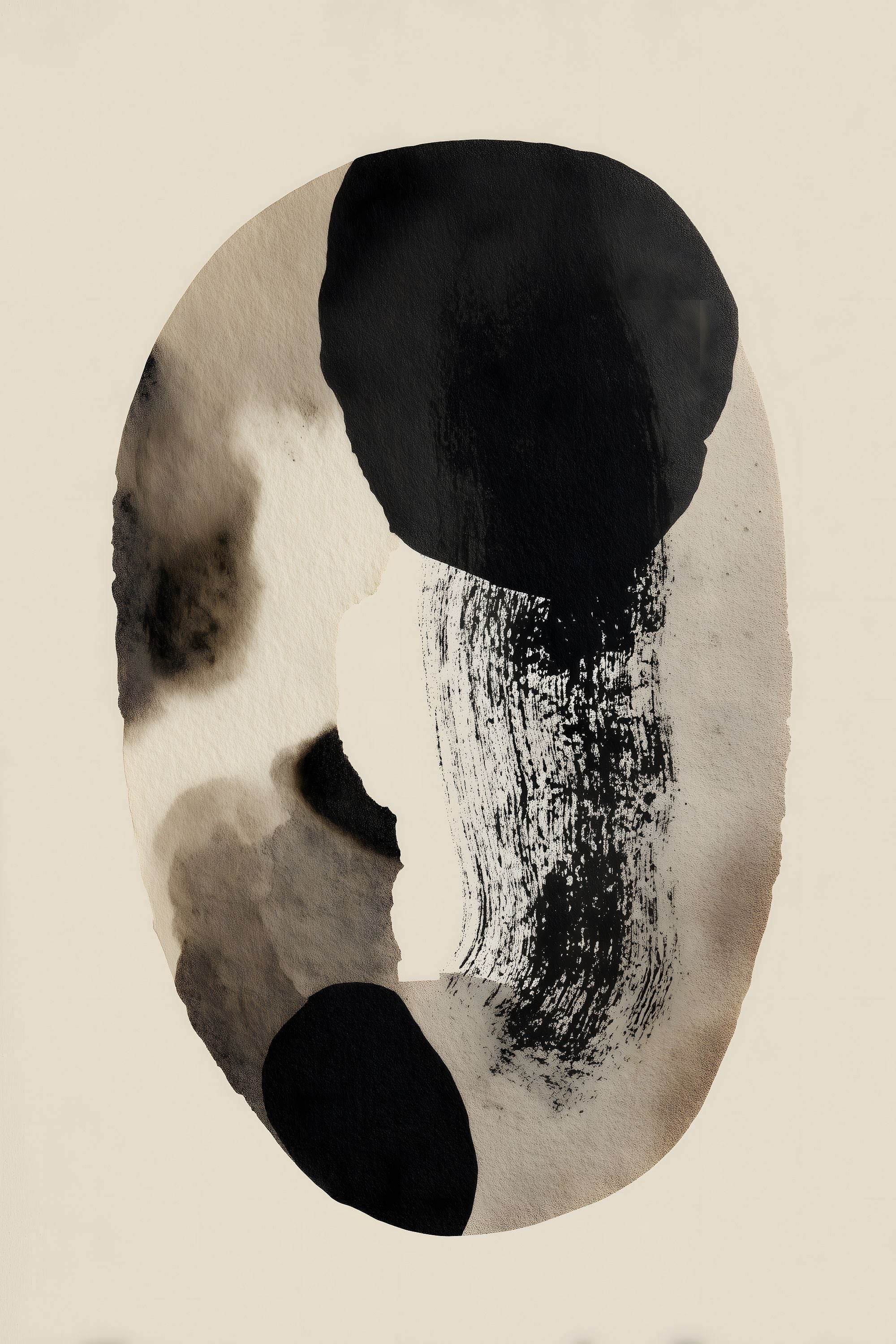 Soft Structure No. 05 abstract artwork with bold black, charcoal, taupe, and cream forms arranged within an elongated oval composition.