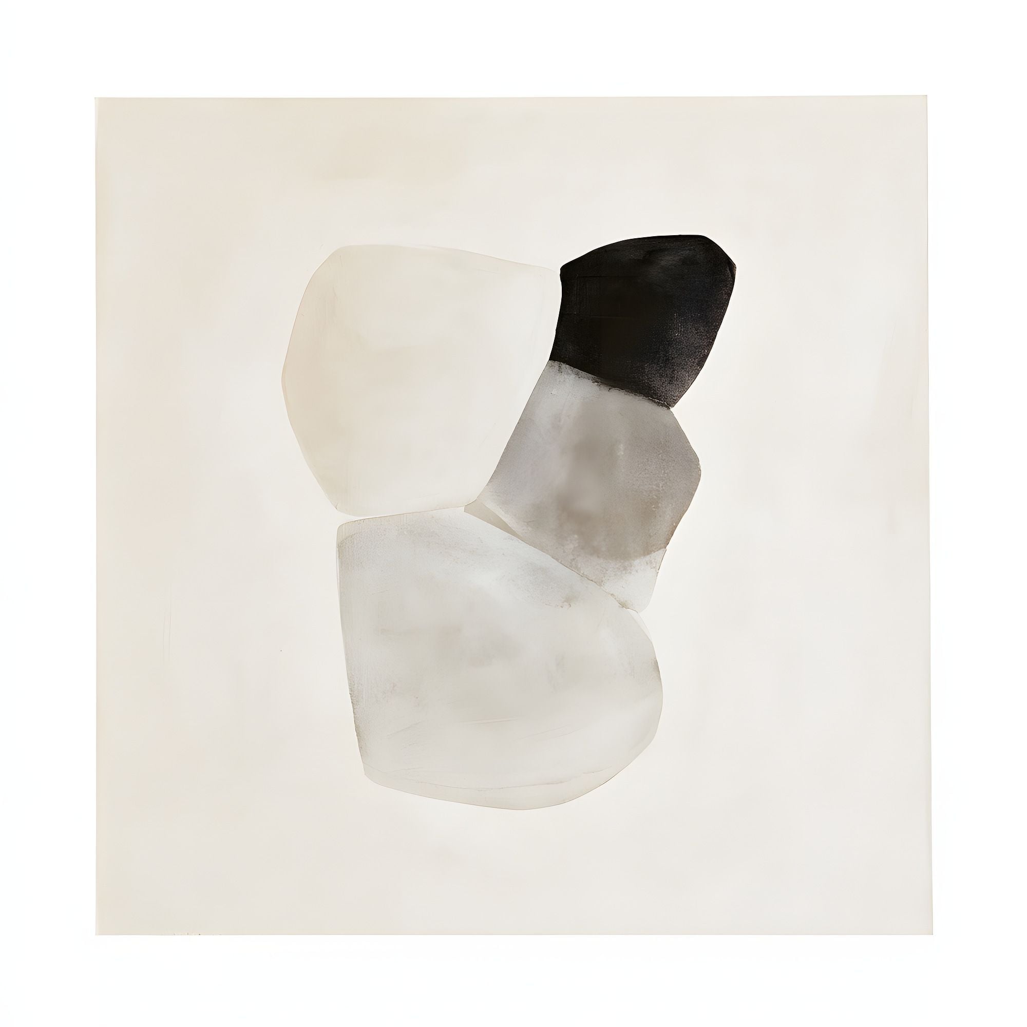 Soft Structure No. 09 minimal abstract artwork with soft cream, taupe, and gray rounded forms topped by a bold black shape on a warm neutral background.