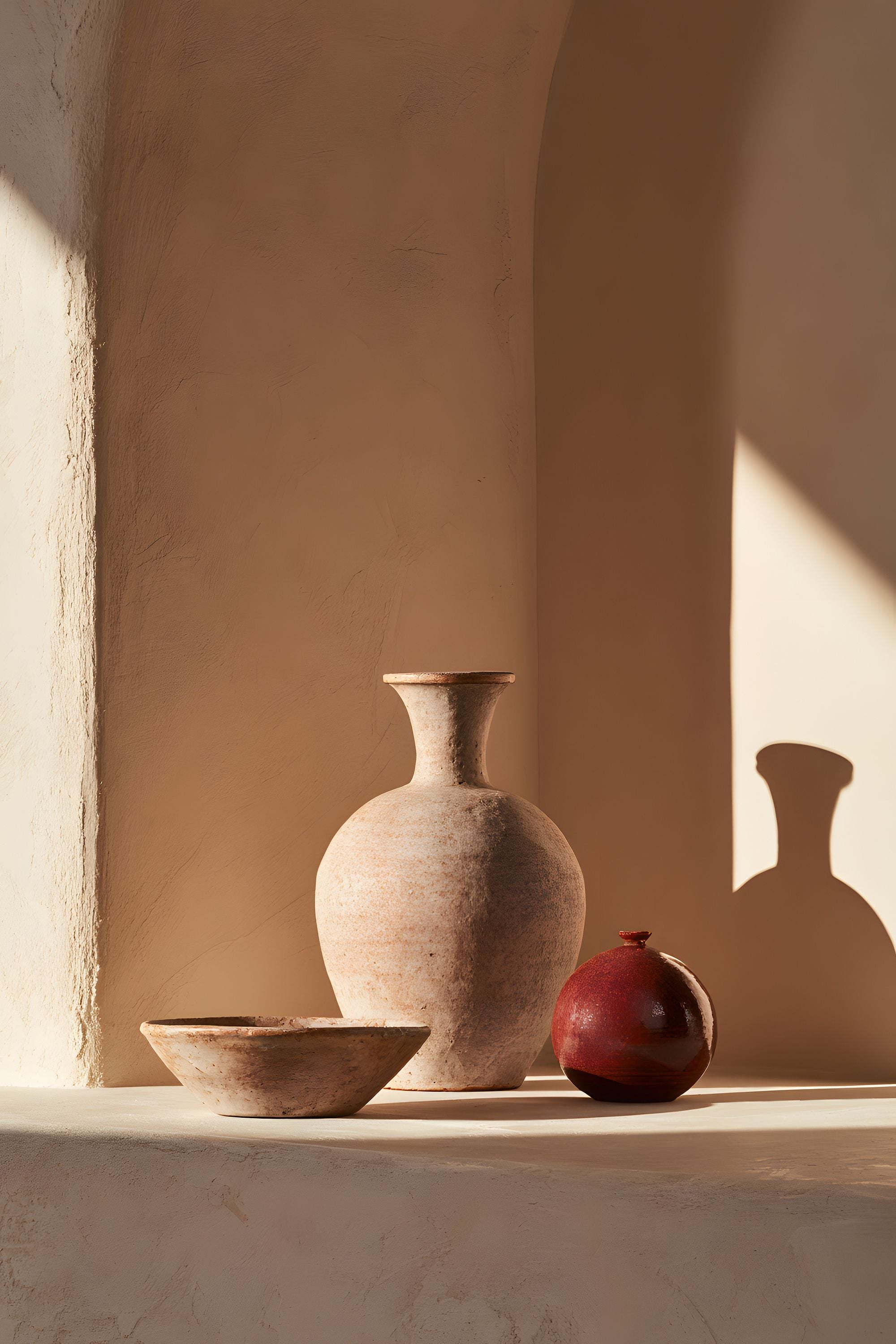 Quiet Objects No. 04 still life artwork with a warm clay vase, shallow bowl, and deep red round vessel set in soft sunlight and shadow.