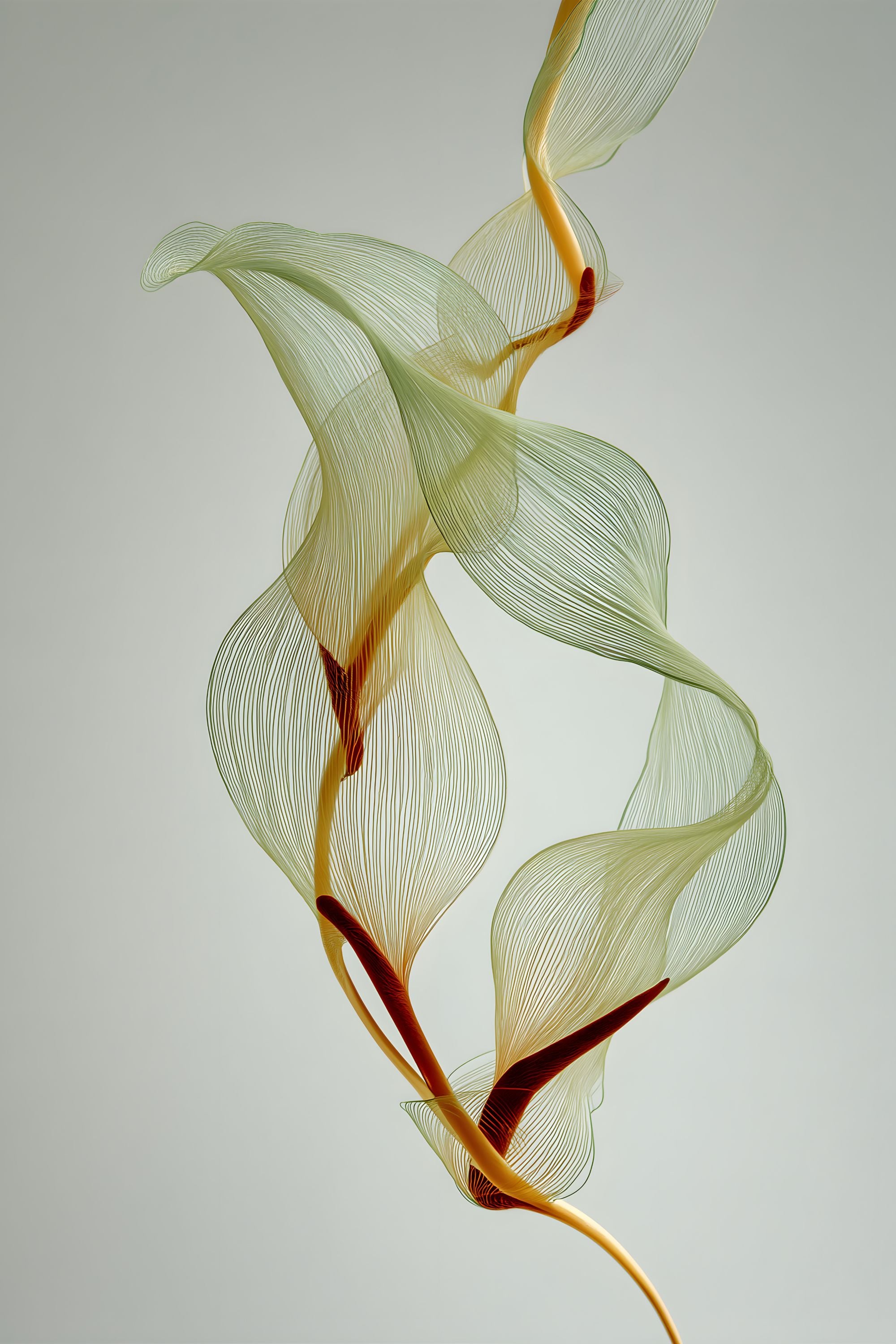 Unfurl No. 05 abstract artwork with delicate translucent green forms, fine linear texture, and warm amber accents on a soft neutral background.