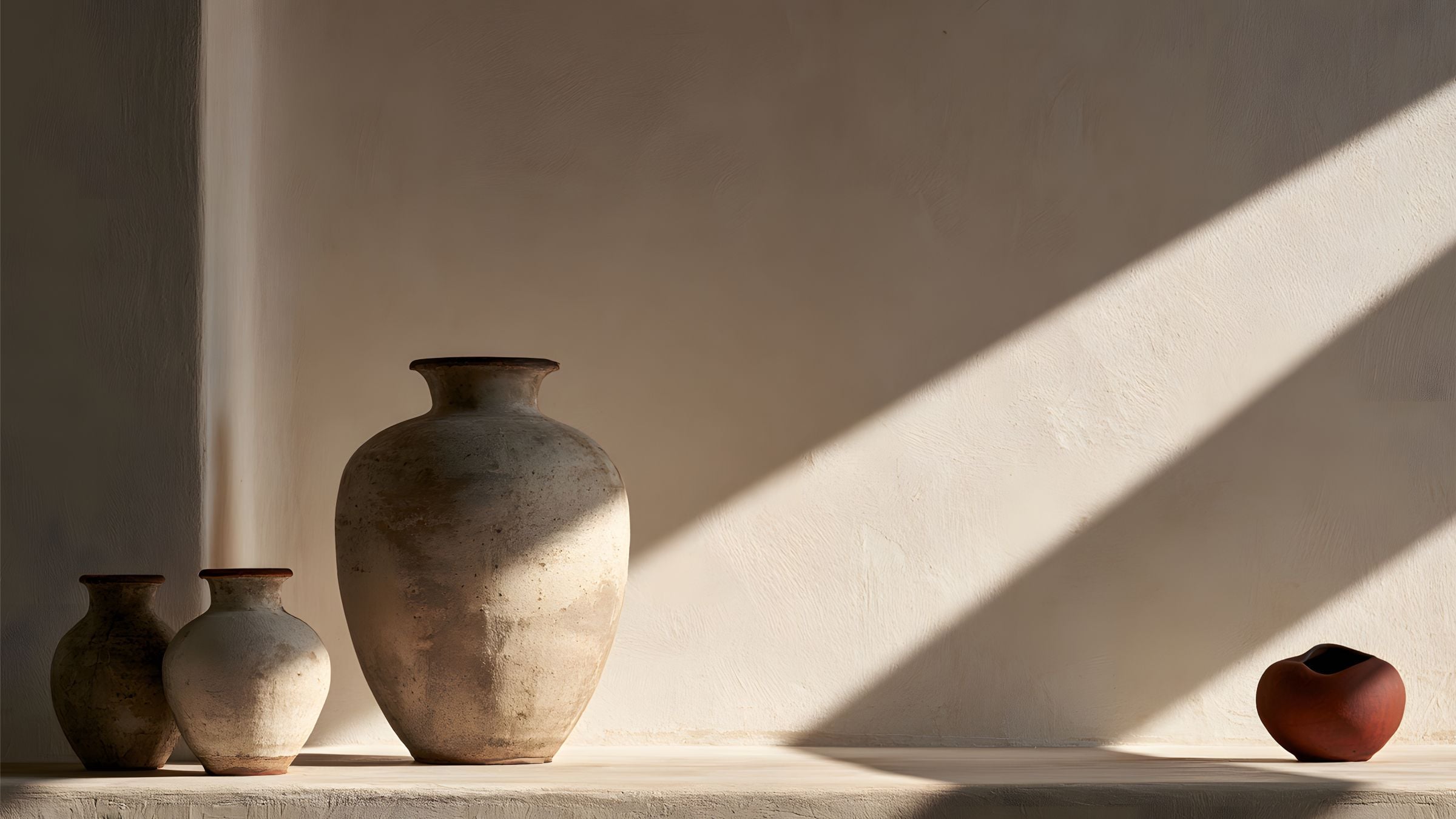 Quiet Objects No. 01 still life artwork with four sculptural vessels in warm neutral tones, illuminated by strong diagonal sunlight and shadow.
